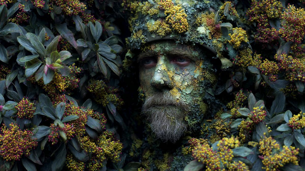 A man disguised among the bushes, merged with the bushes, chameleon