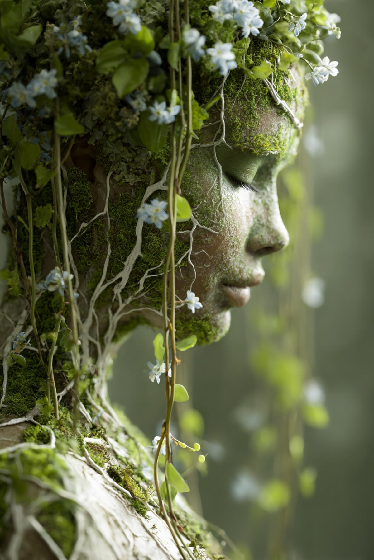 A serene portrait of a woman whose skin is seamlessly merging with nature. Delicate white roots and mycelium networks spread like veins across her face and shoulders. Fresh moss and small blooming forget-me-nots grow directly from her skin, forming a living jewelry. Her hair is made of cascading green vines and willow branches. Soft, diffused sunlight, photorealistic, hyper-detailed, gentle and peaceful expression, harmonious fusion, style of Anne Geddes, 8k, masterpiece