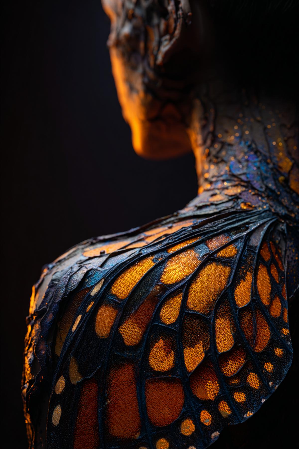 A macro shot of a persons back transforming into a monarch butterfly wing. The intricate patterns and vibrant orange and dark colors of the wing are not printed but are made of thousands of tiny, iridescent scales that are part of the skin. The texture is incredibly detailed, catching the light. The rest of the is human. Ethereal, magical realism, hyperrealistic photography, extreme detail, studio lighting, dark background, sense of delicate transformation, 32k