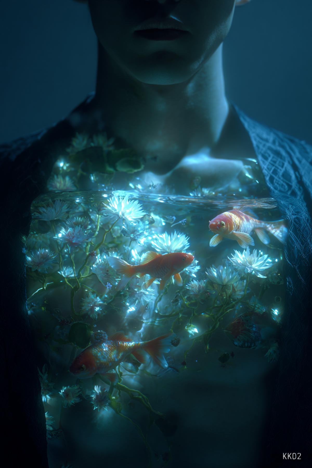 A person in a meditative 4k, their torso is a clear, calm pond of water instead of skin and body. Inside, koi fish swim lazily, and tiny water lilies float on the surface. The edges of the \"pond\" seamlessly transition into good skin around the collarbones and waist. The scene is lit from within by a soft, magical light. Hyperrealistic, surreal, tranquil atmosphere, incredible detail, visible underwater life, concept art, peaceful, 8k, trending on Artstation