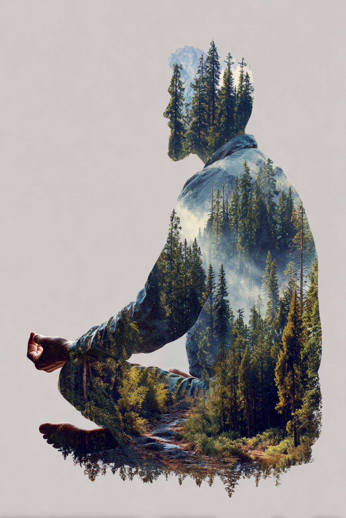 The man on meditation shaped as mountain first in summer Forest on the mountains shaped as handsome man in meditation full colour high contrast breathtaking realistic art