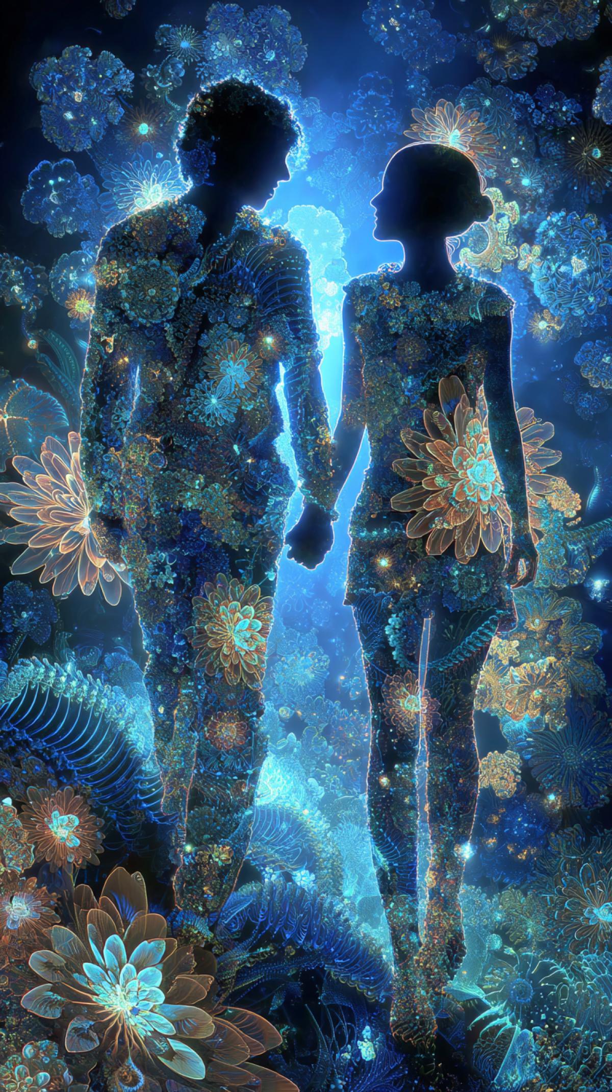 Psychedelic Surrealism | Two lovers young man and girl, holding hands, looking at each other and walking forward, their clothes glowing with the help of the Kirlian effect and Mandelbrot patterns folding into various flowers and leaves | Abstract fractal environment | Com4k centered on the whole | Bright shining lighting with an electric aura | fractal textures; glowing edges; energetic elegance ar 3:4 v 7 stylize 150