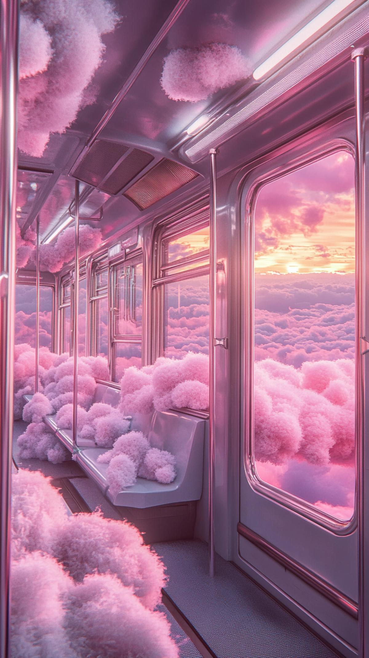 Ultra-realistic dream world scene: empty subway car filled with fluffy pastel clouds, fluffy pink and lilac chrysanthemum flowers, windows overlooking the sky with pink and lavender clouds at sunset, cinematic neon lights reflecting off metal surfaces, soft glowing atmosphere, vaporwave and fine art combination, detailed textures, depth of field.