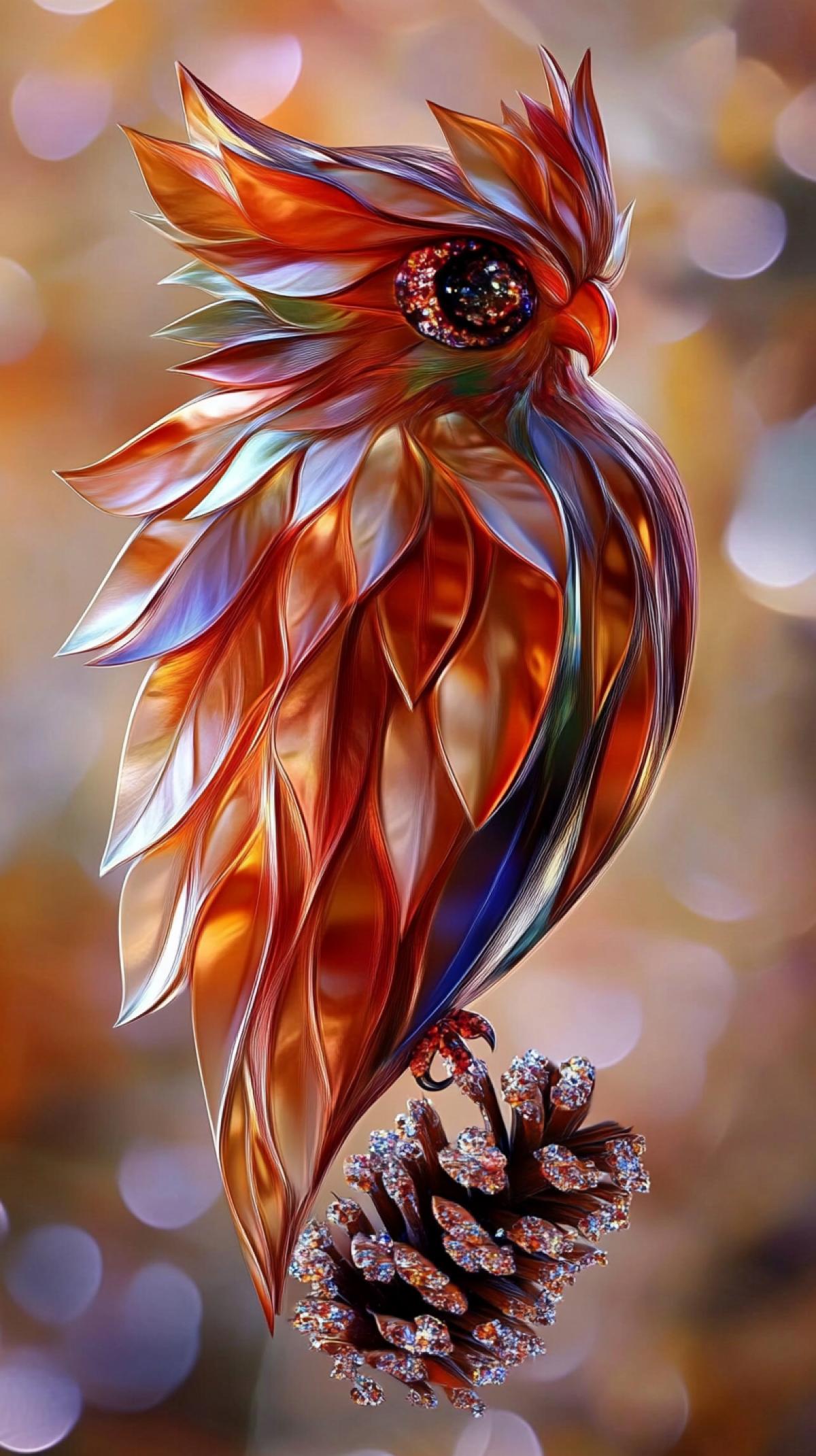 An image of a whimsical, fantastical owl, with a unique twist. The owls should be made of a mixture of autumn leaves with shades of orange, red and purple. The wings should be and iridescent, with a slight sheen to create a sense of movement. The owl should sit on a branch decorated with shimmering crystal pine cones that will add a little magic to the scene. The background is soft, slightly blurred with bokeh.