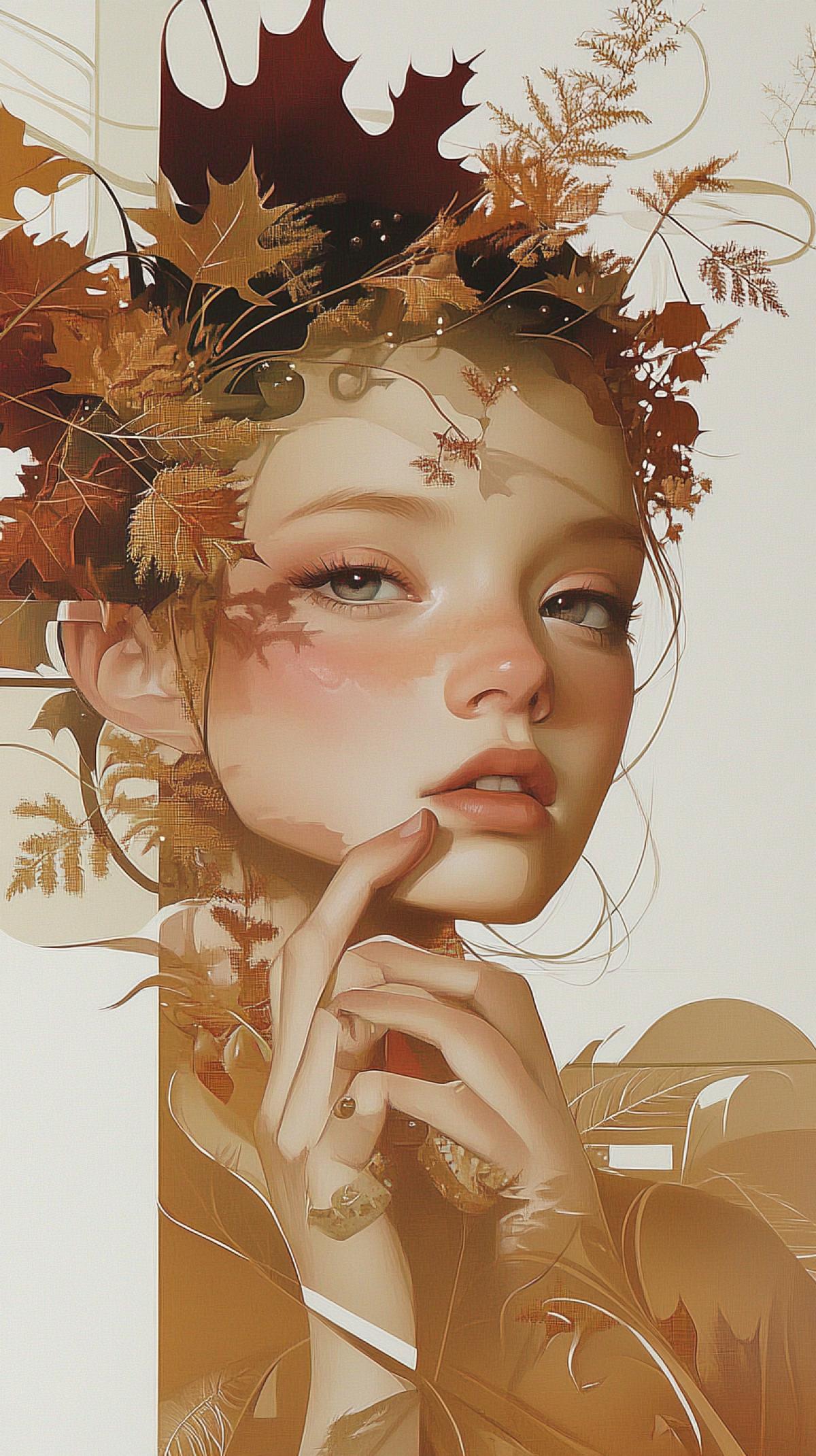 Dark background, sfumato, dark fentezi,Digital illustration in semi-baby-doll style,Lii Bogle stile, soft light, image Queen Autumn in a crown of maple leaves and rowan beads, in Russian folk style ar 9:16