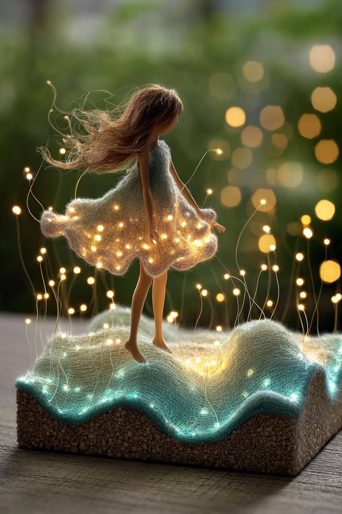 texture of sound waves, pulsation of lines, voltage surges, anthropomorphic forms of the in a dress and long hair, mountains, sea waves, trees, space, topographic map, perspective, bioluminescence, glow of dots, quantum radiation, displacement of forms, distortion, digital art ar 3:4