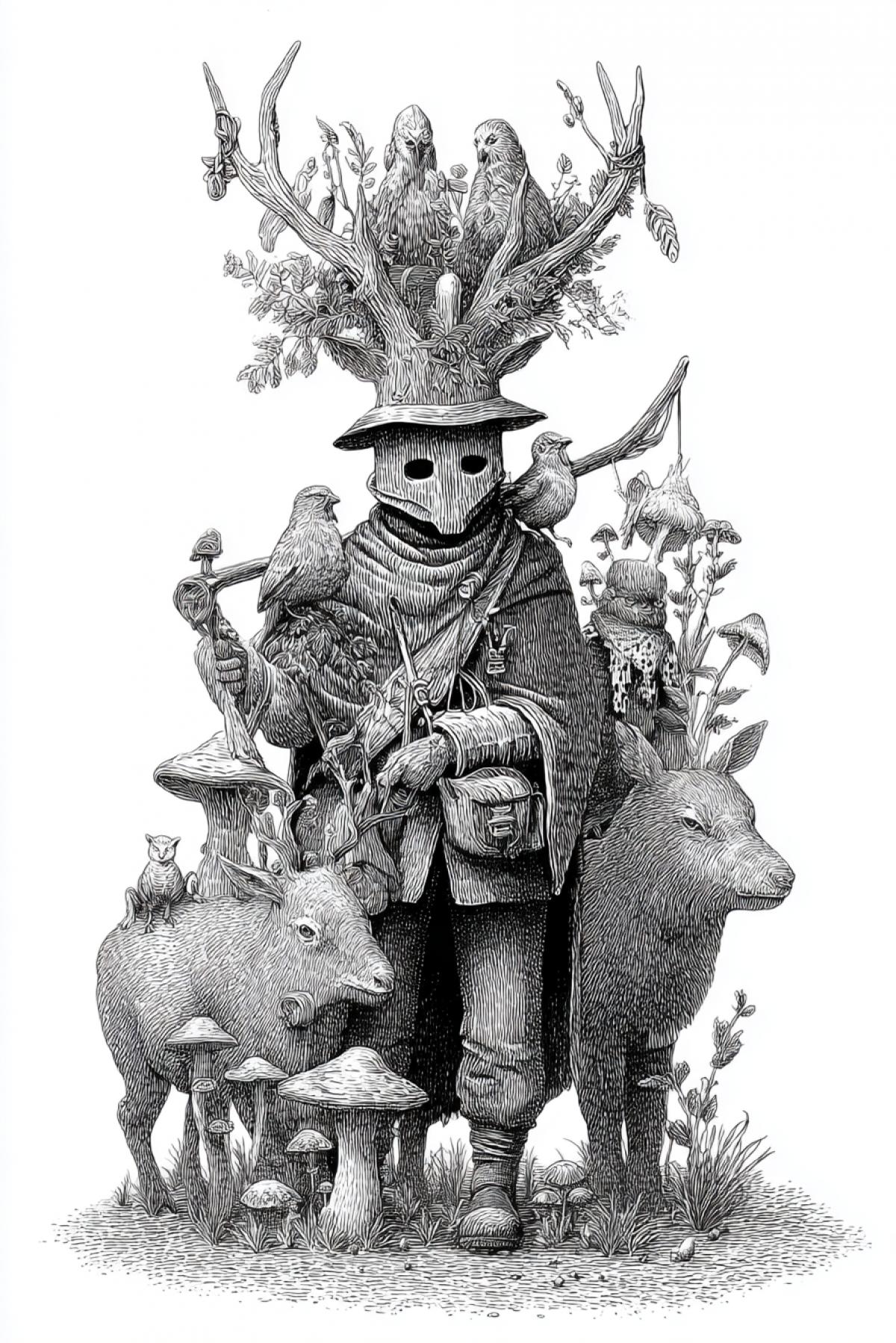 Forest people brothers to all variety of animals and plants hunting together