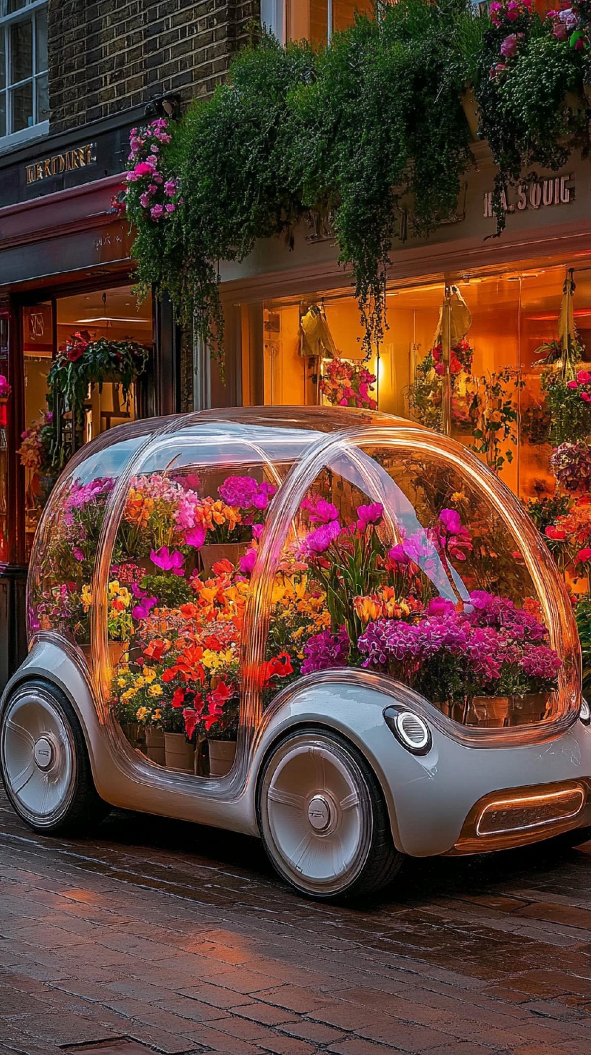 A futuristic mini electric Porsche made of transparent plastic with glass walls and bright colors inside, parked in front of a flower shop on a European street with a brick wall. It is white on the outside, with flowers hanging on the windows, creating an eco-friendly atmosphere. The car is surrounded by flowers and plants and is parked on the side of a street in London. The modern design project, inspired by Louis Vuitton and Dior, is made in the Art Nouveau style. Digital photo of a Canon EOS camera. ar 9:16