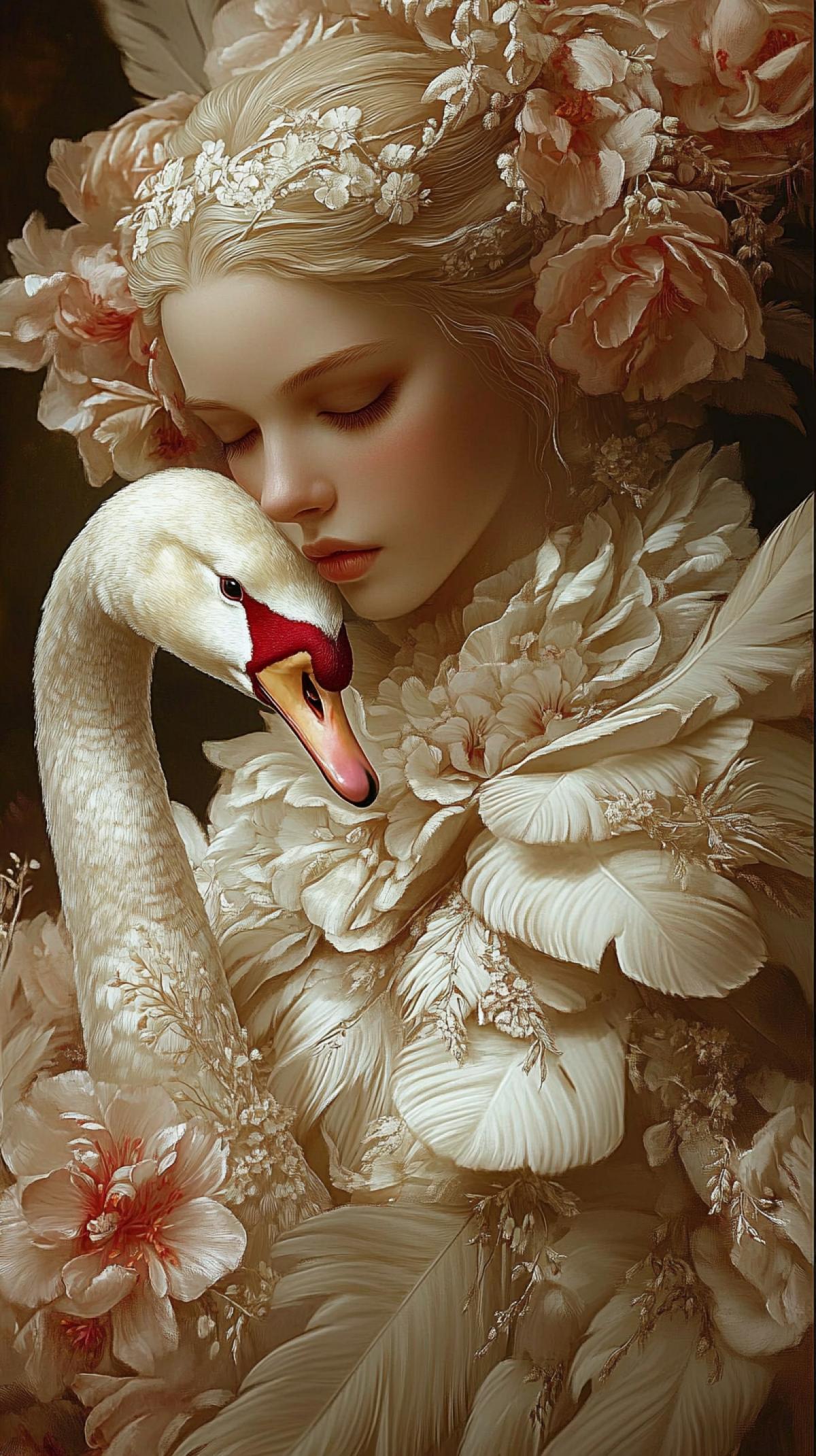ethereal portrait, swan embrace, delicate female figure, ivory feathers, soft golden light, peach flowers, luminous skin, flowing textures, symbolist painting, dreamlike atmosphere, romantic elegance ar 2:3