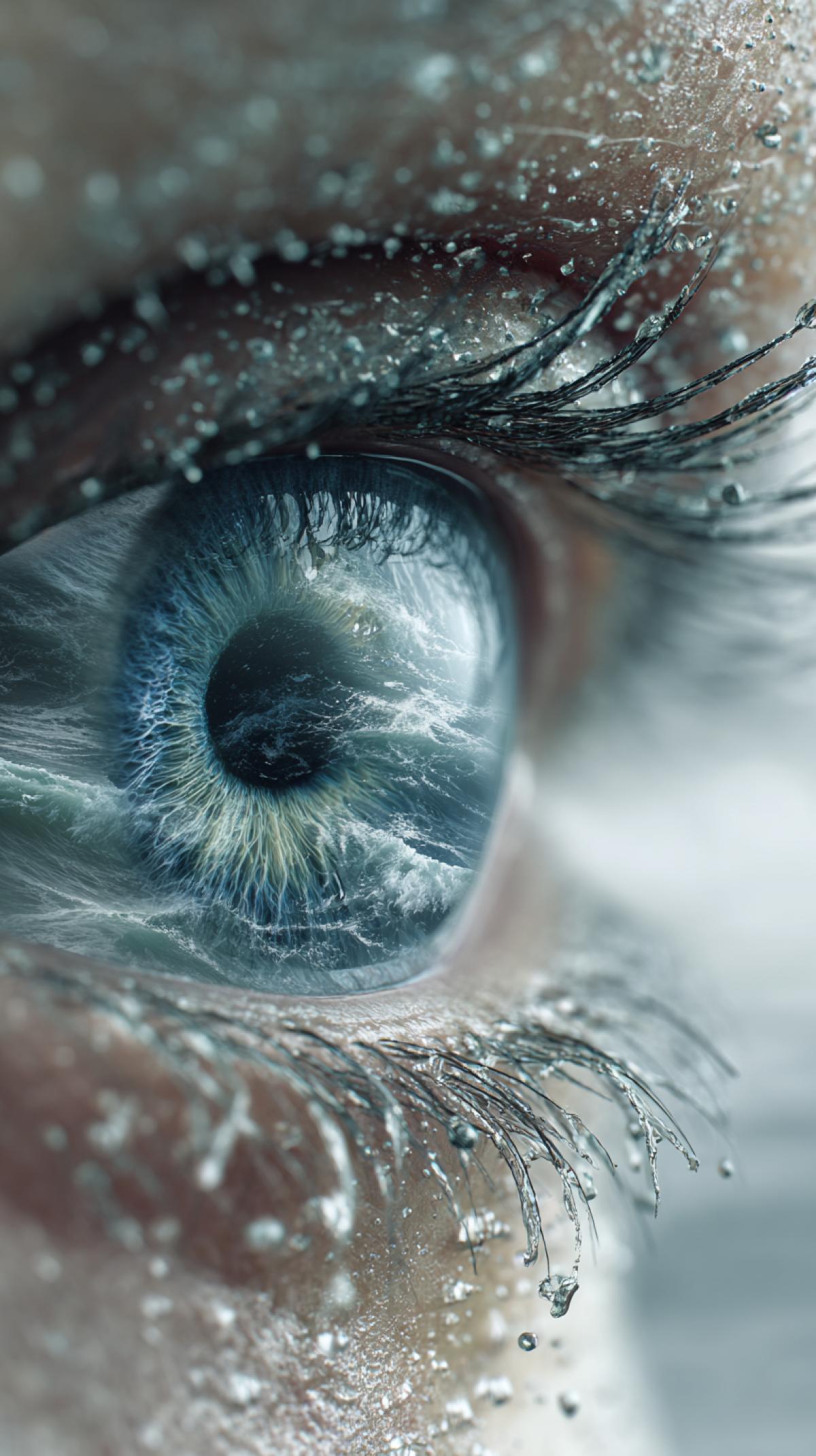A hyper-realistic macro photograph of a human eye in extreme close-up. The iris displays cool. blue and pale silver tones, reflecting a powerful ocean wave crashing under a moody overcast. sky. Naturally curved eyelashes frame the glossy eye surface, casting soft shadows. The. surrounding skin shows fine pores and natural texture, partially splashed by sea foam, softly lit. by diffused daylight. Sharp focus on the iris with smooth blurred background. Photorealistic. cinematic style, ultra-detailed anatomy, studio-quality, no digital artifacts.