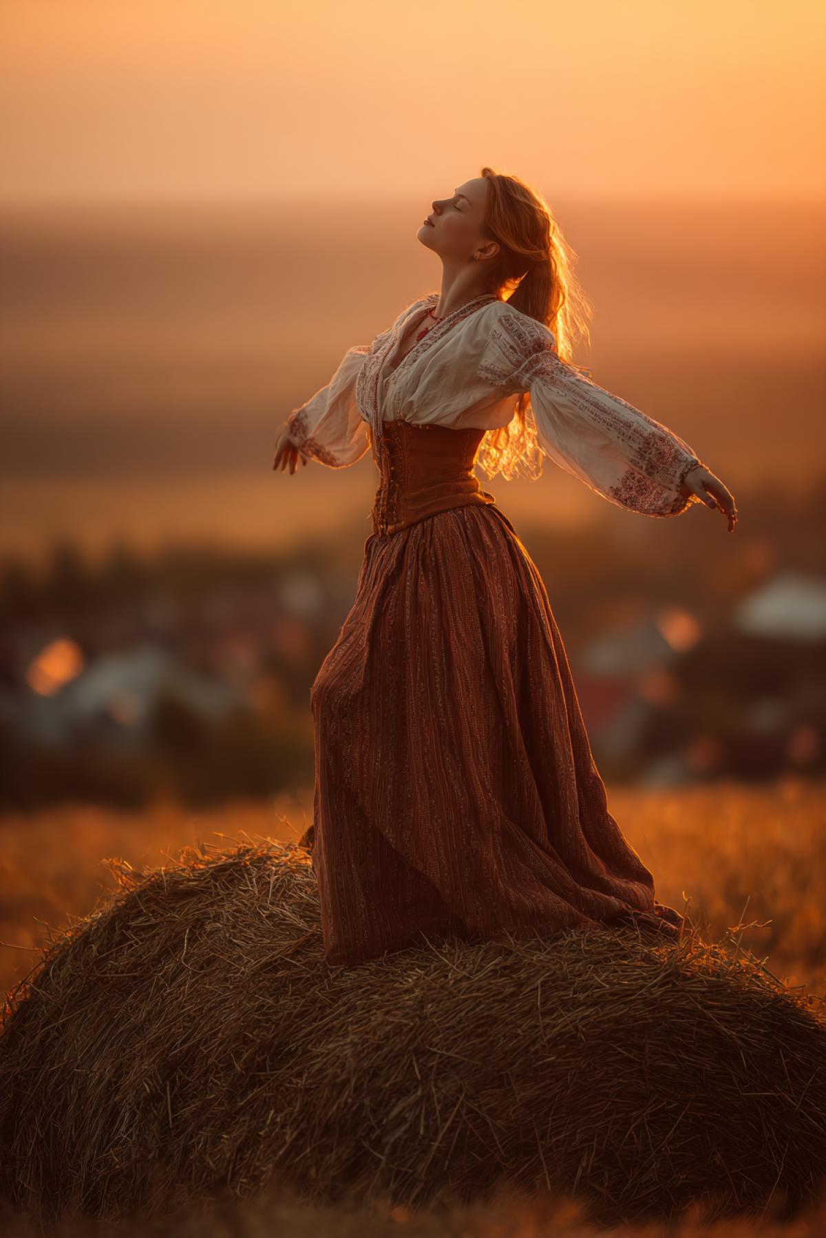 A 4k woman in a traditional folk sarafan dress stretches languidly in the rays of the rising sun atop a haystack. Warm golden hour lighting, delicate haze, hyperrealistic, luxurious atmosphere, detailed fabric texture, serene rural landscape in the background.