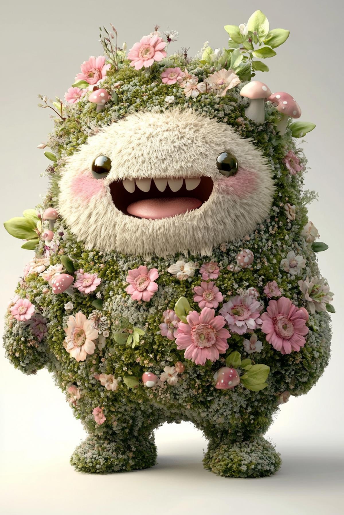 character design, cute fantasy creature, small chubby covered in moss and dotted with glowing mushrooms, wide grin with rounded teeth, stubby legs and arms, organic earthy textures, flowers,ultra realistic mossy fur texture, white background, soft studio lighting, high quality render raw