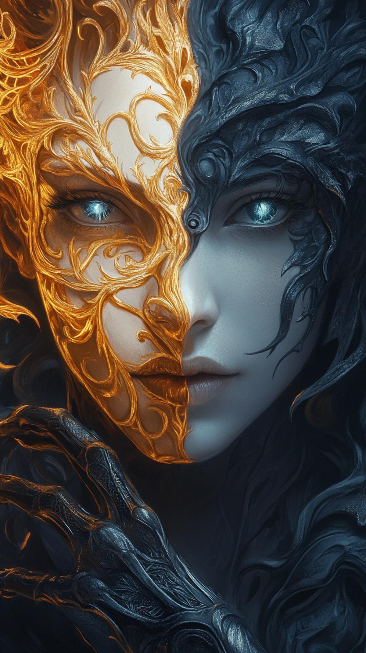 A close-up portrait of a mystical figure with a dual personality. One side of their face is adorned with intricate golden armor, detailed with elegant patterns and swirls. The other side is shrouded in dark, organic shadows that resemble living flames or a smoke house, blending seamlessly with their skin. Their eyes are strikingly different, one a piercing, icy blue and the other a fiery, intense amber. The figures gloved hands, dark and clawed, frame their face as they stare forward with a mixture of enchantment and mystery. Soft, wavy hair falls around them, accented by warm lighting that contrasts beautifully with the darkness. The mood is surreal and fantasy-inspired, mixing beauty and darkness with high detail and dramatic lighting ar 9:16 v 6.1