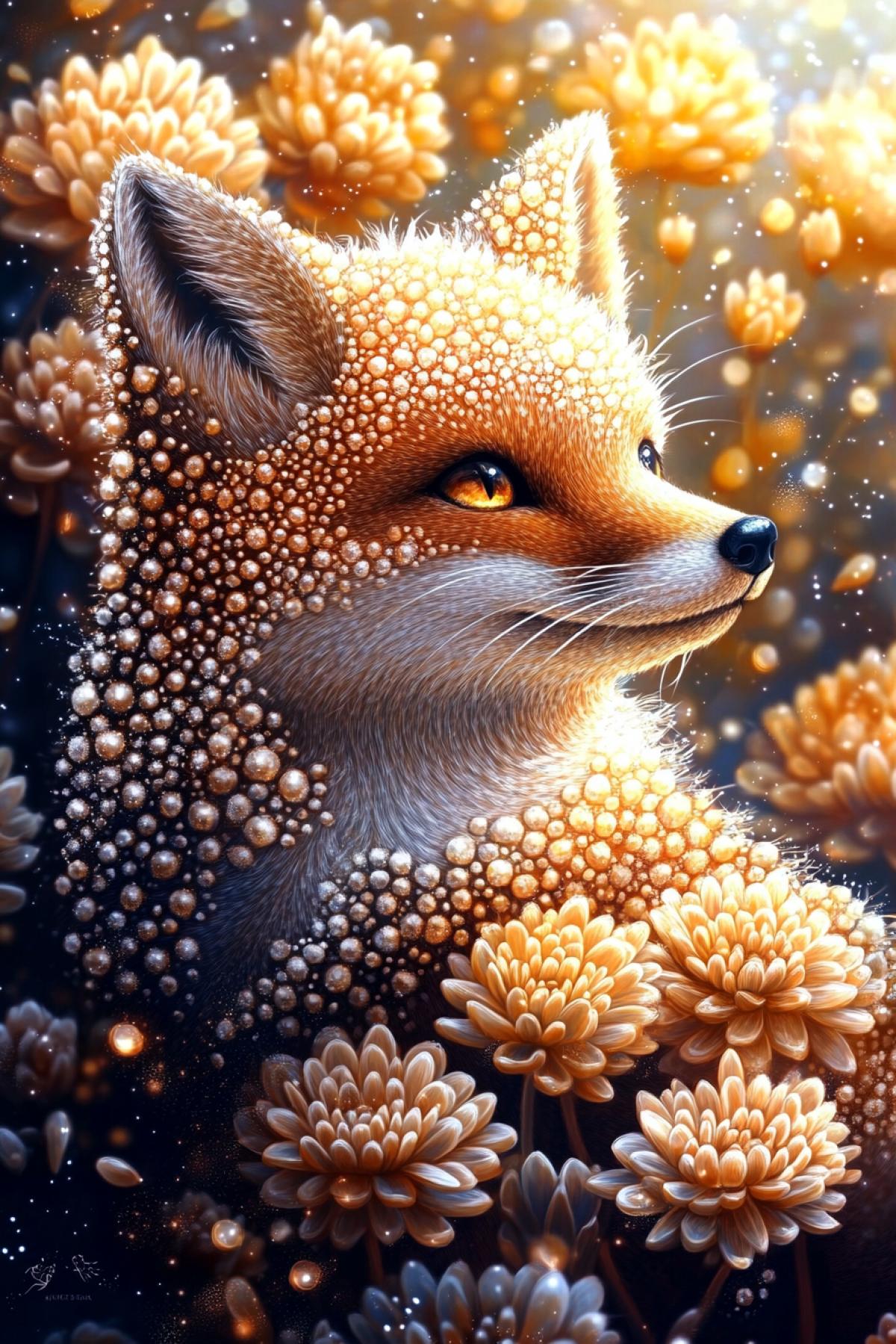 Volumetric watercolor, drawing, magic, space, fluffy fox, gentle, sunny around, glow from autumn chrysanthemum flowers, glare, pixelated work, high detail, many details, gentle, realistic, high quality, work of art, glitter, hyperdetail, professional, filigree, mystical haze, superdetail, hyperrealism, professional intricate details, transparent, soft pastel colors, backlight
