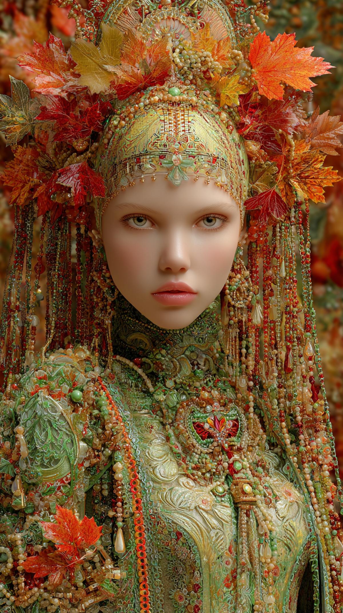 Dark background, sfumato, dark fentezi,Digital illustration in semi-baby-doll style,Lii Bogle stile, soft light,  image Queen Autumn in a crown of maple leaves and rowan beads, in Russian folk style