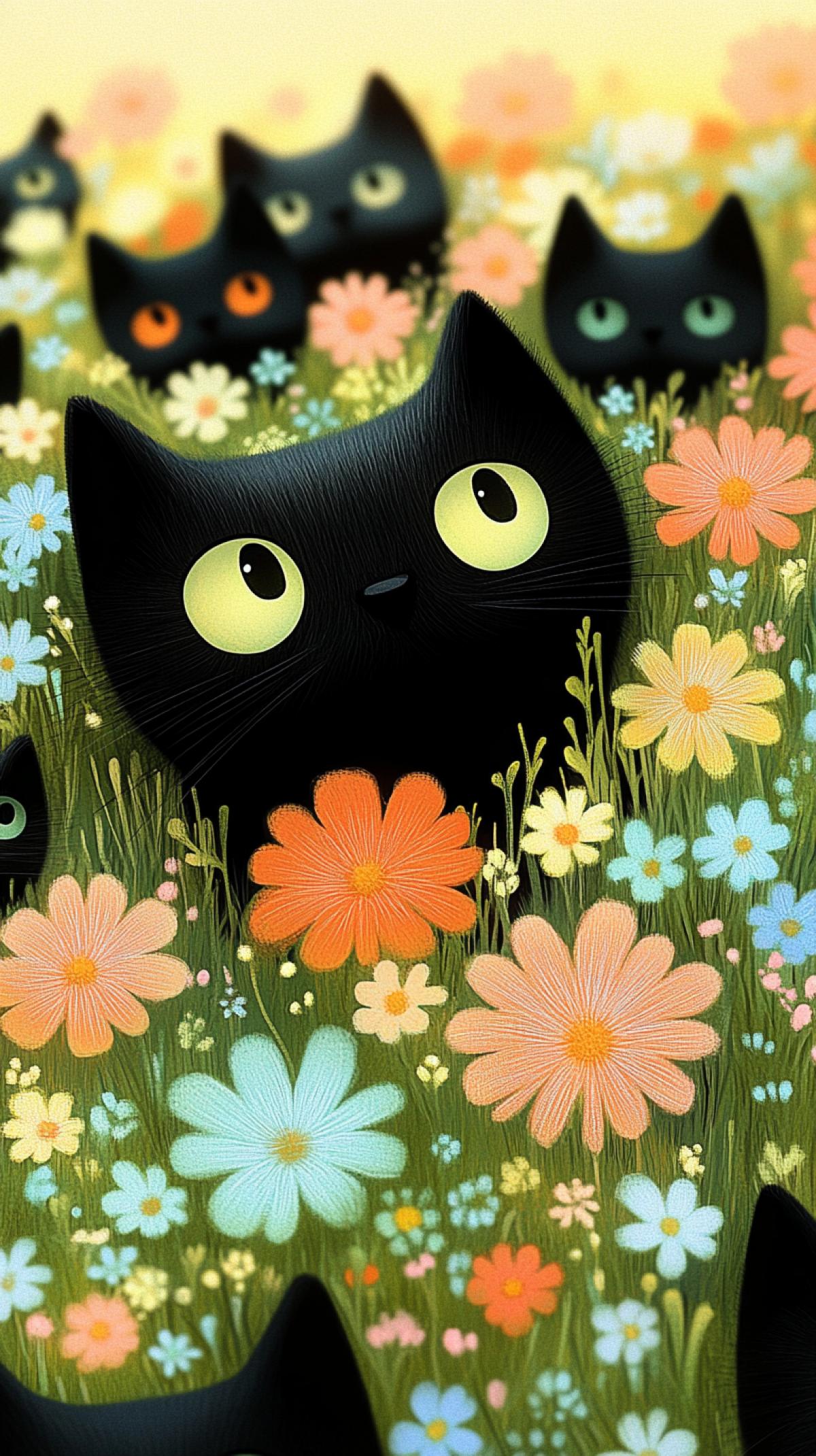 A pattern of dark cats peeking out from behind flowers in the style of John Klassen, with vibrant green grass and colorful blooms. ar 9:16 stylize 750