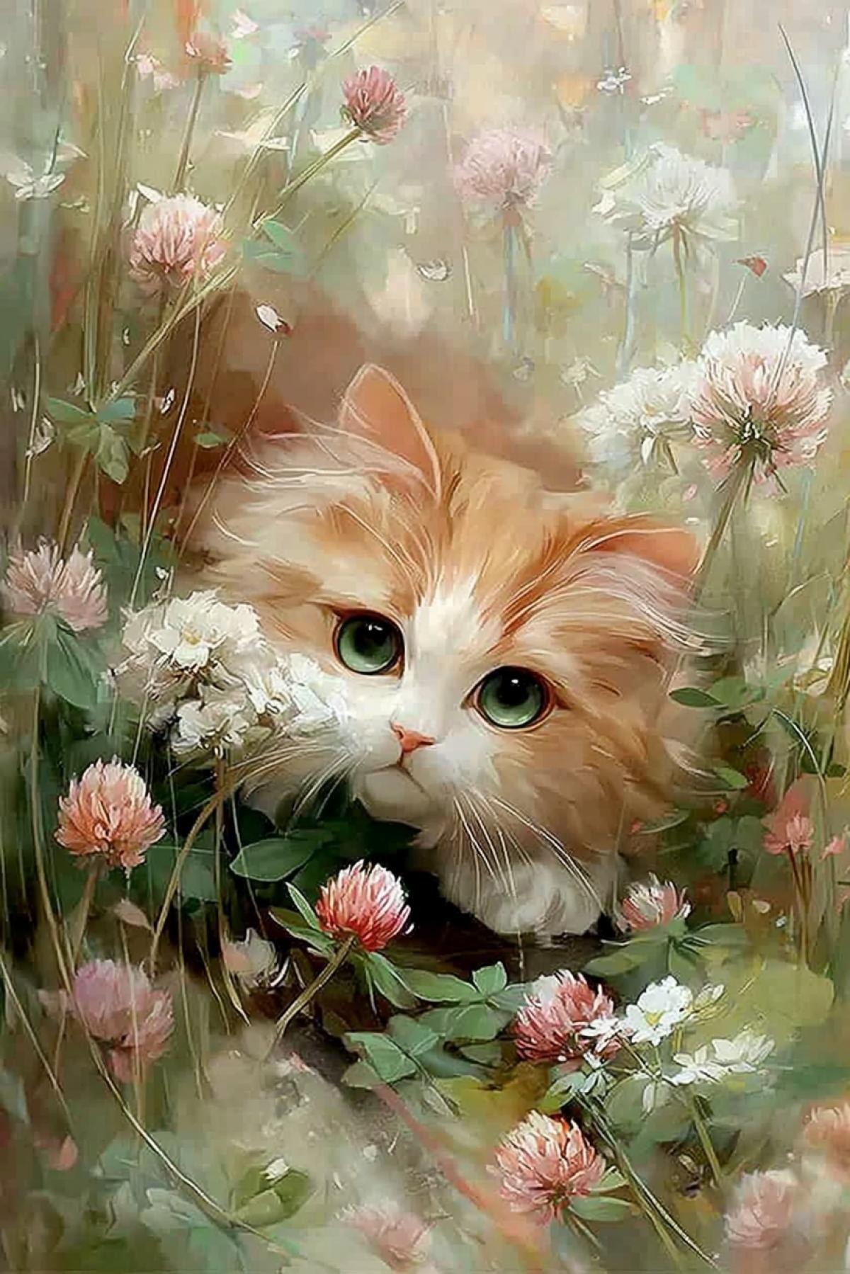A calm image of a fluffy orange kawaii cat with bright green eyes, lying in the middle of a field of dandelions and pink clover. The kawaii cats fur is soft and plush, and his gaze is calm and curious. It creates a dreamy and whimsical atmosphere. The background is a soft blur of greenery, hinting at a peaceful outdoor setting. The overall style of the image is realistic with a touch of fantasy, .