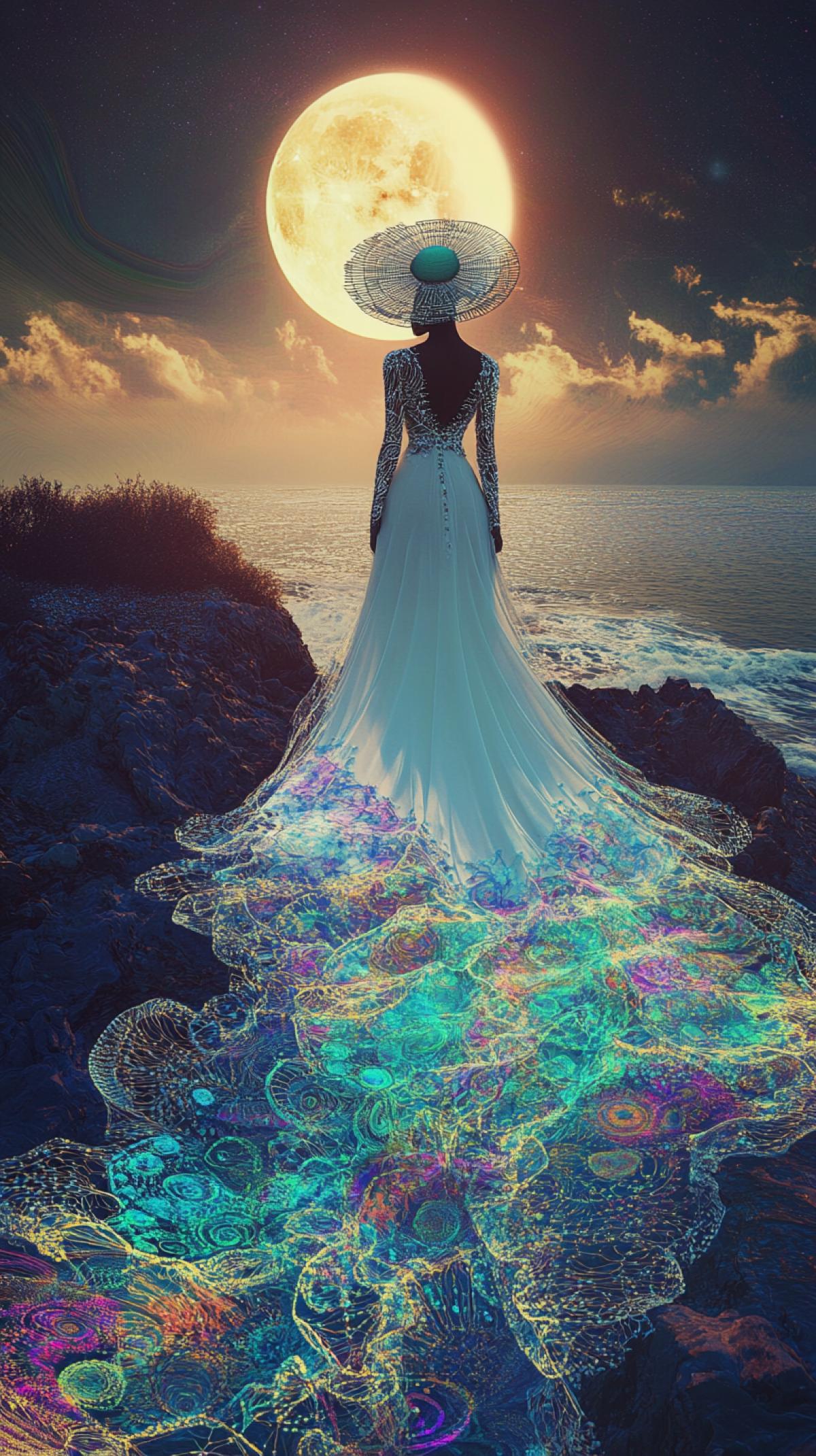 Fractal surreal fashion |Peacock ,Bride in wedding dress with long x-ray floral Zentangle train forming Sierpinski triangle and Cantor dust patterns | Open landscape at dawn with full moon overhead | Wide-angle view, low perspective to emphasize fractal flow | Soft dawn light with glowing neon accents | Nautical shell hat; geometric lace; surreal elegance chaos 7 stylize 600