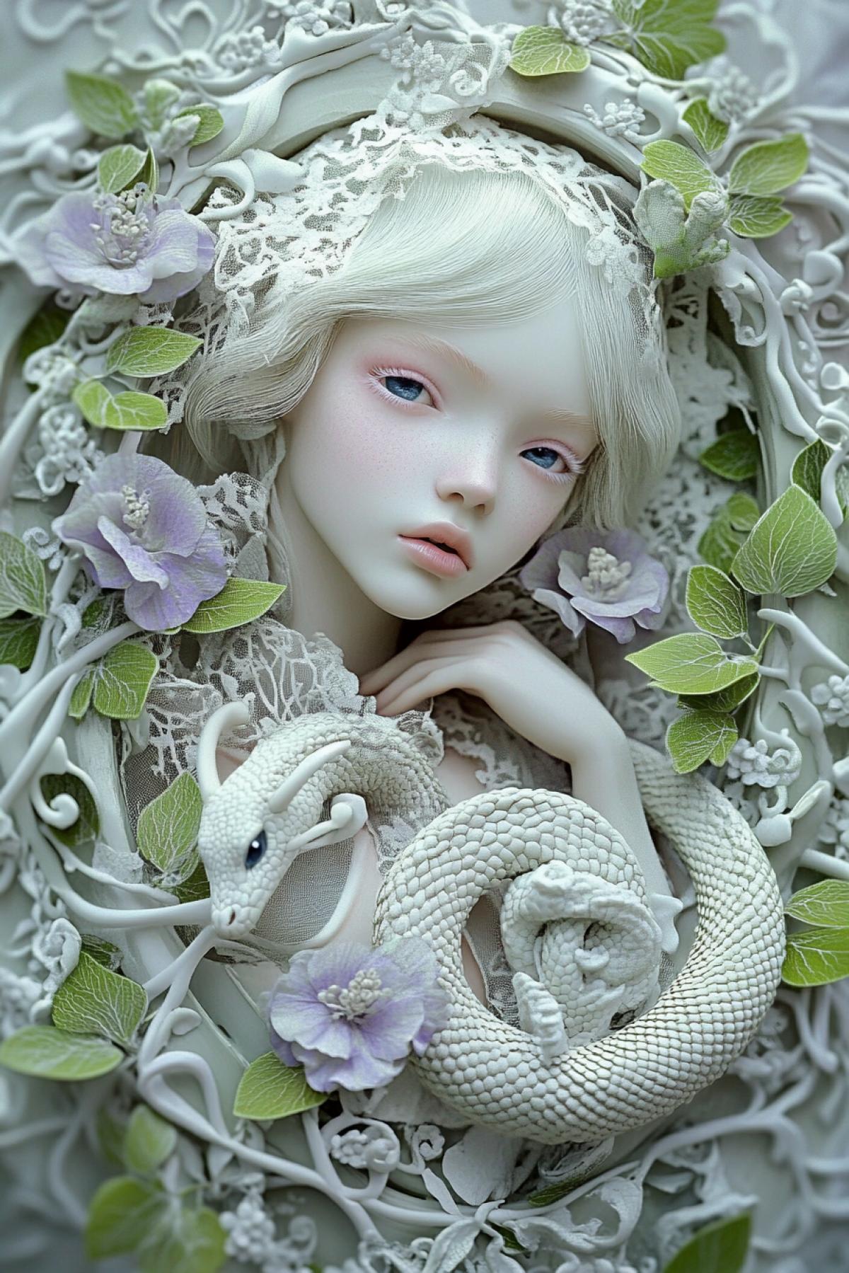 3d, Circular structures, lavender ink flowers, lime green threads, young albino woman, white fluffy eyelashes, blue eyes, in porcelain tones, a white snake wraps around her neck. girls made of vines and lace, botanical silhouette, light collage in the style of Slavic epic