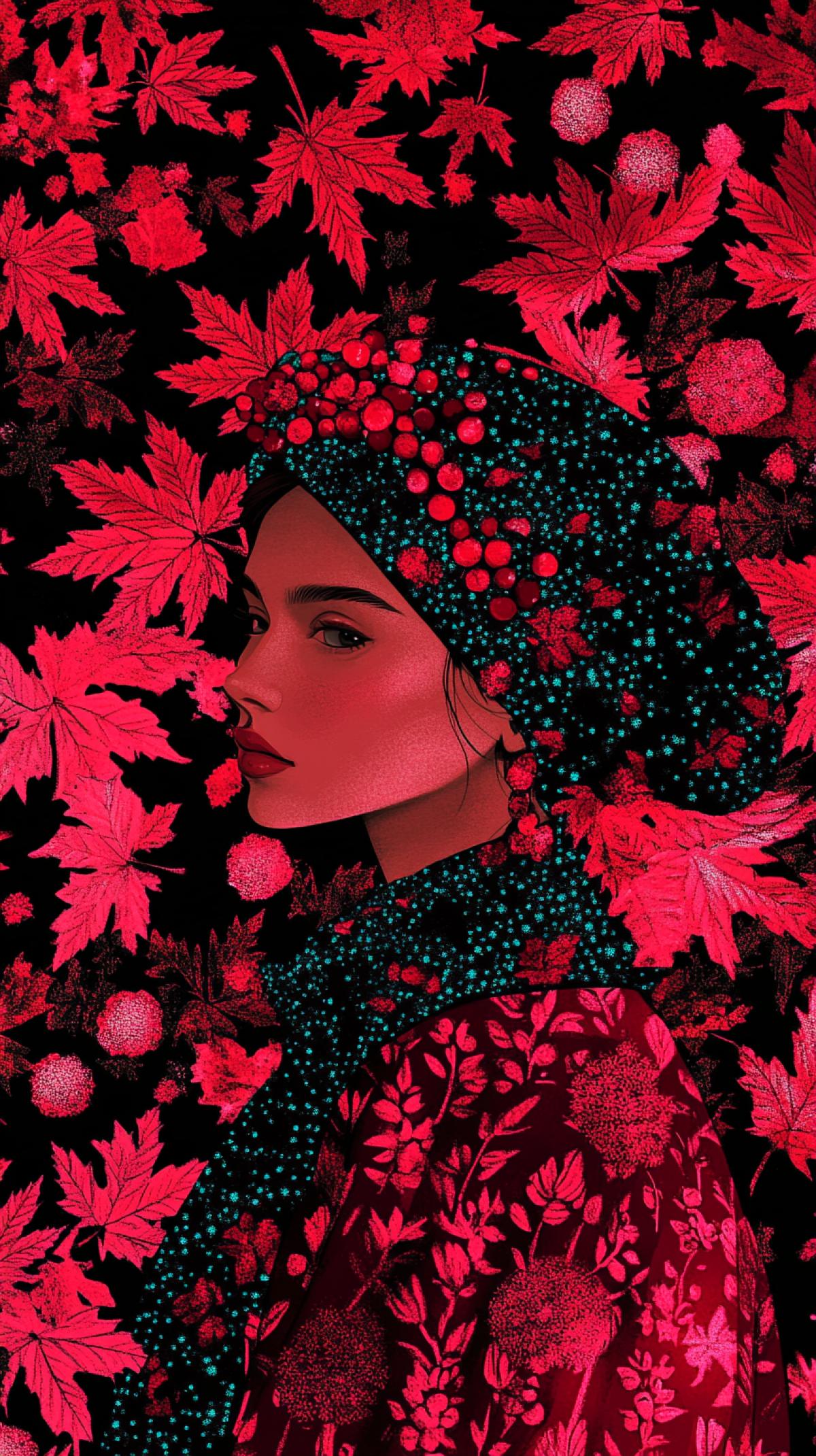 Dark background, sfumato, dark fentezi,Digital illustration in semi-baby-doll style,Lii Bogle stile, soft light, image Queen Autumn in a crown of maple leaves and rowan beads, in Russian folk style
