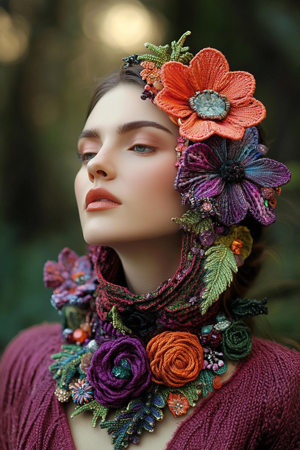 Generate images of copyright products created by hand: knitted jewelry, in the style of fantasy