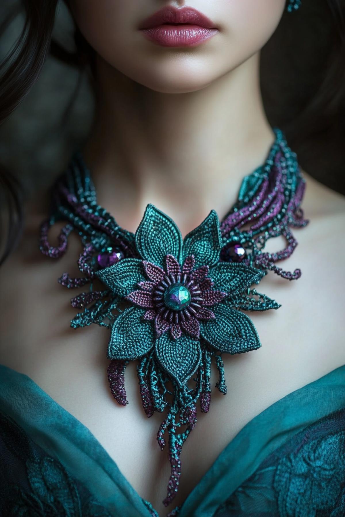 Generate images of copyright products created by hand: knitted jewelry, in the style of fantasy