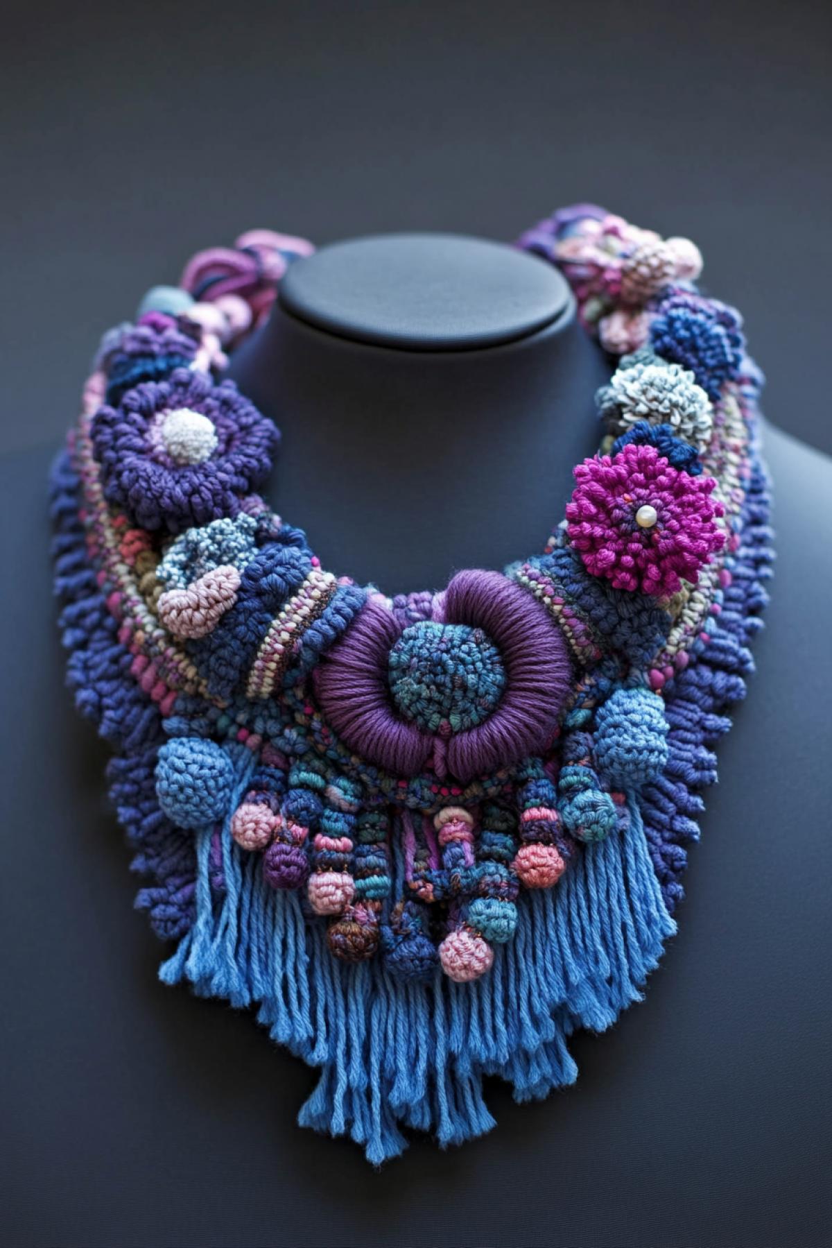 Generate images of copyright products created by hand: knitted jewelry, in the style of fantasy