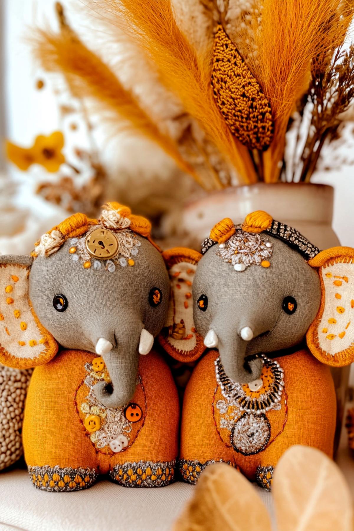 With the preservation of the style: two charming elephants sewn from fabric, with a blanket decorated with buttons and pillows, embroidery, next to a vase with multicolored coils of threads