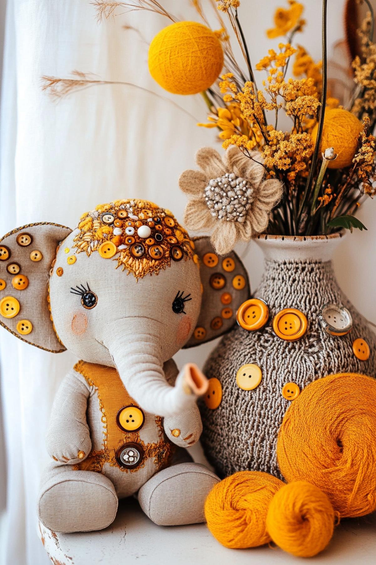 With the preservation of the style: two charming elephants sewn from fabric, with a blanket decorated with buttons and pillows, embroidery, next to a vase with multicolored coils of threads