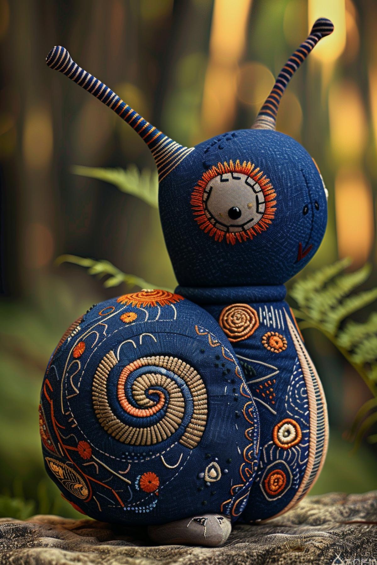 Punk Plush: Avant-garde digital style | Trendy plush snail. The snail shell is decorated with fluid mosaic patterns, recreated as beautiful organic 3D models | Botanical patterns with embroidery. Blurred background with fern leaves with a bokeh effect, emphasizing the form and texture | Centered com4k, medium ground | Soft diffused lighting with subtle glossy highlights | Flowing geometry; sculptural elegance; biomorphic design.