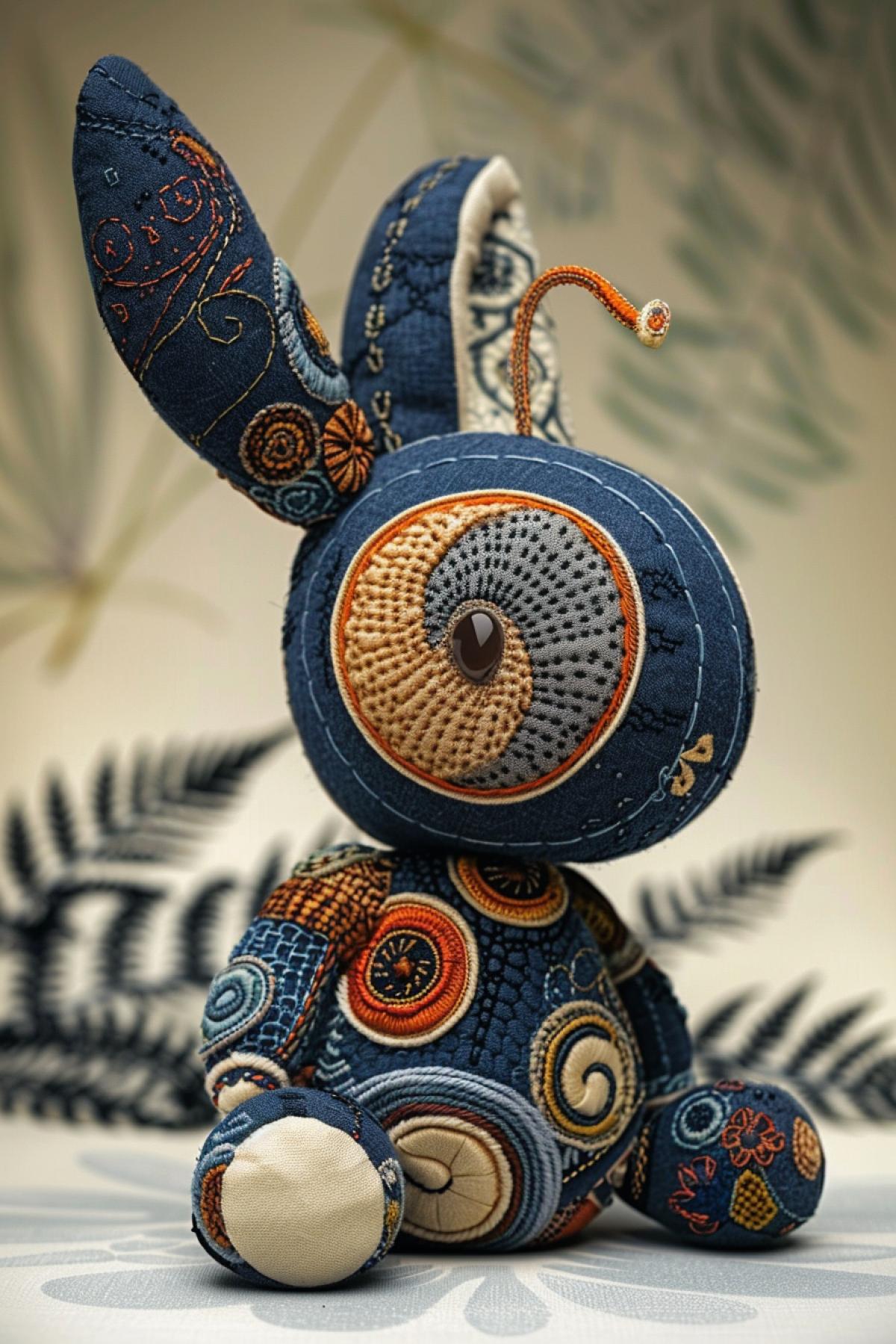 Punk Plush: Avant-garde digital style | Fashionable plush rabbit. The plaything features fluid mosaic patterns recreated as beautiful organic 3D models | Botanical patterns with embroidery. Blurred background with fern leaves with a bokeh effect, emphasizing the form and texture | Centered com4k, medium ground | Soft diffused lighting with subtle glossy highlights | Flowing geometry; sculptural elegance; biomorphic design.