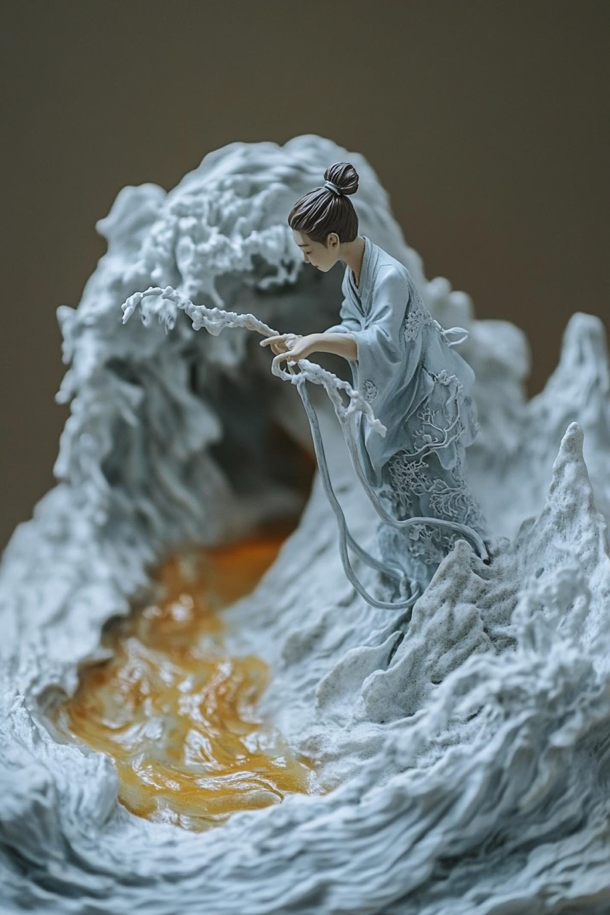 Generate images of copyright products created by hand: exquisite clay figyellow water, in the style of fantasy