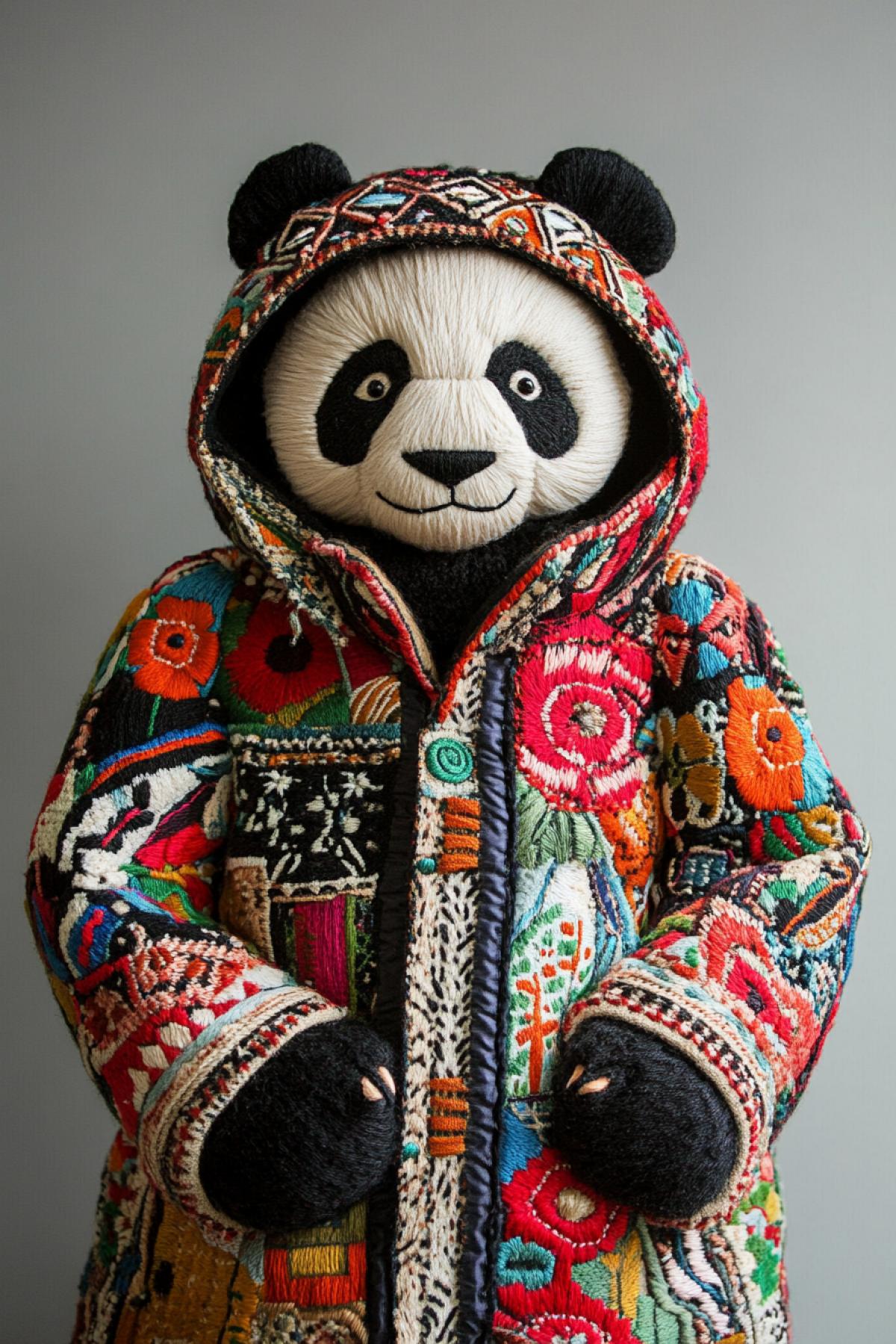 Generate images of copyright products created by hand: embroidered pandas on mittens, hat and coat