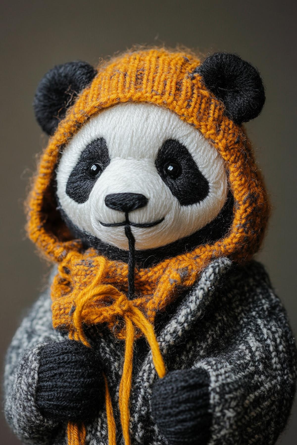 Generate images of copyright products created by hand: embroidered pandas on mittens, hat and coat