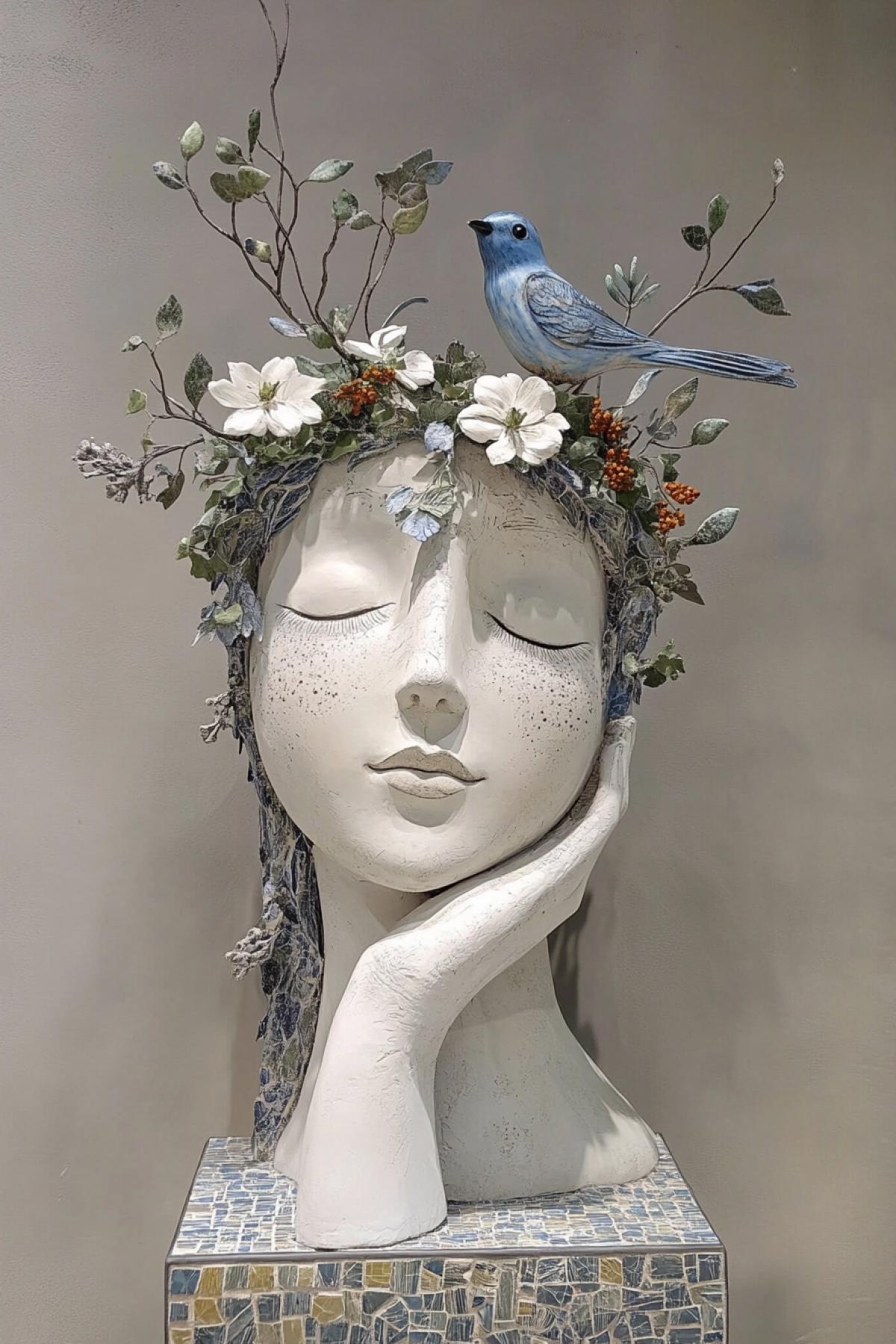surreal stone face sculpture, tree branches growing from head, vibrant red yellow flowers, blue bird , textured cracked skin, resting hand 4k, mosaic base, gallery lighting, dark gradient background, botanical surrealism, vivid details ar 3:4