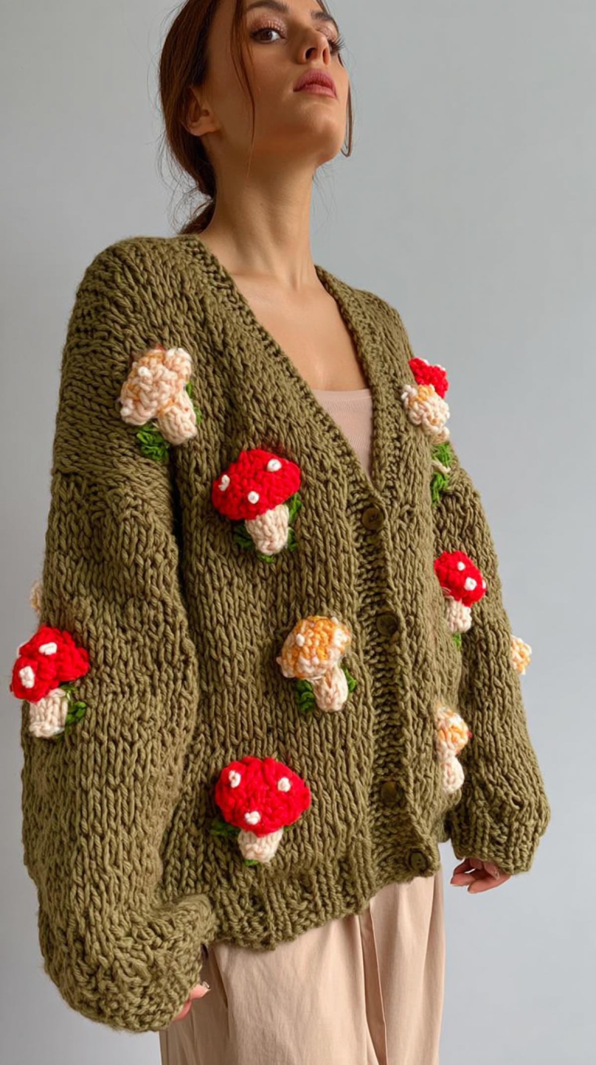 large-knit khaki cardigan with mushrooms
