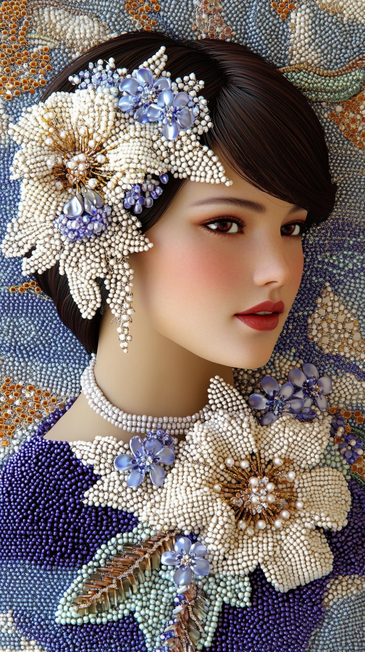 Surreal woman, short dark bob haircut, porcelain doll face, red lips, beaded necklace and brooches in hair, filigree beaded flowers and leaves, large layered petals, pearl and glass floral textures, warm gradient tones (orange, peach, yellow, silver), glowing soft light, Art Nouveau influence, elegant organic shapes, fantastic botanical style, dreamy abstract background ar 3:4