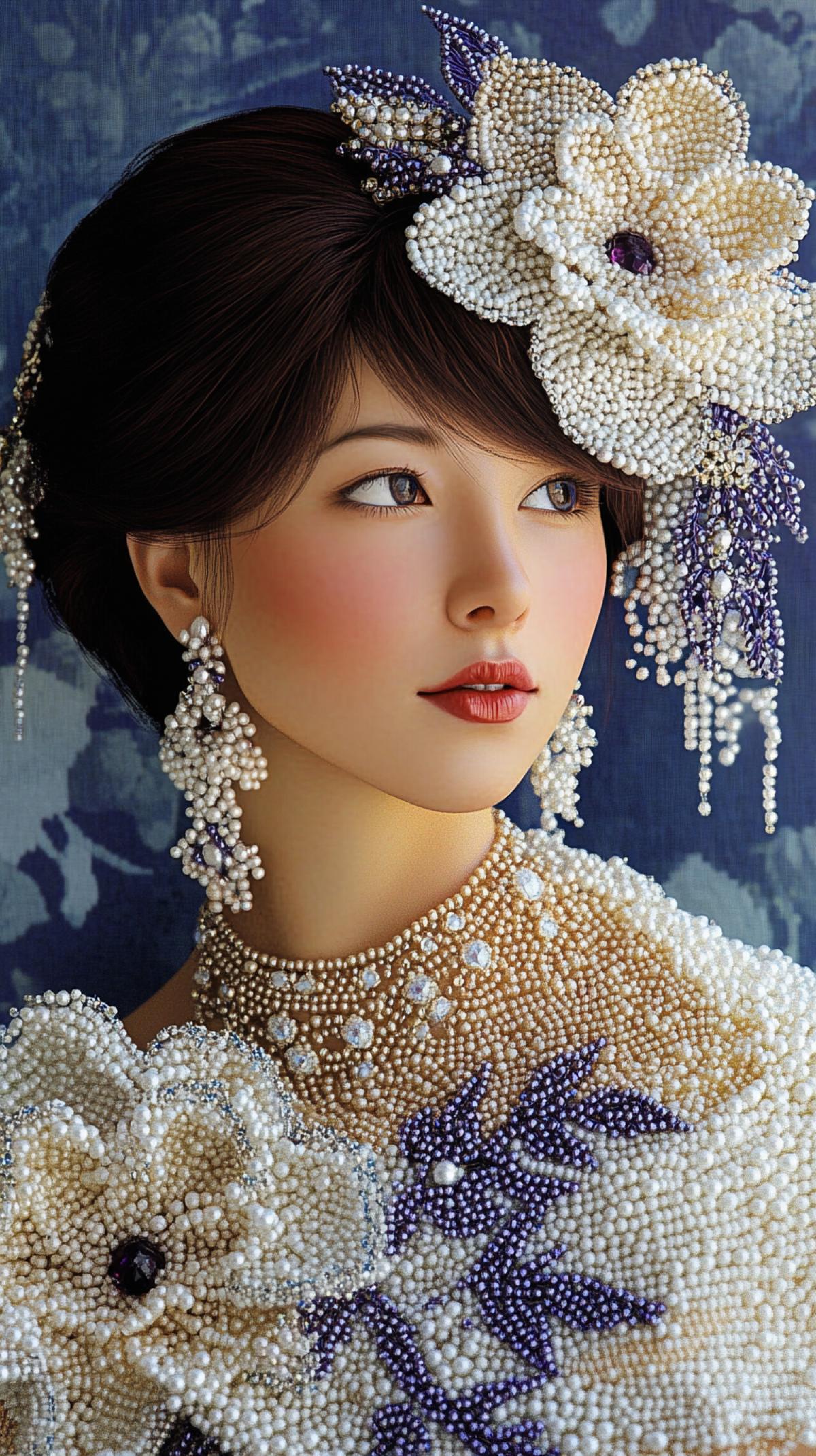 Surreal woman, short dark bob haircut, porcelain doll face, red lips, beaded necklace and brooches in hair, filigree beaded flowers and leaves, large layered petals, pearl and glass floral textures, warm gradient tones (orange, peach, yellow, silver), glowing soft light, Art Nouveau influence, elegant organic shapes, fantastic botanical style, dreamy abstract background ar 3:4