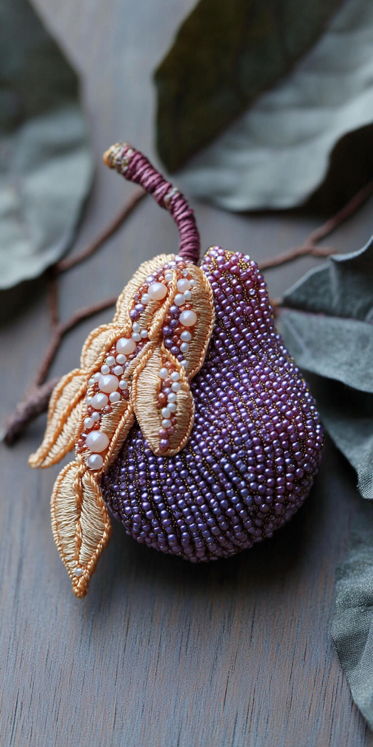 Product promotion photo, soft velvet pear brooch embroidered with beads, with velvet leaves. Colors are warm yellow and warm beige, leaves are khaki, studio photo shoot on a simple wooden background. chaos 20 ar 3:4 stylize 150