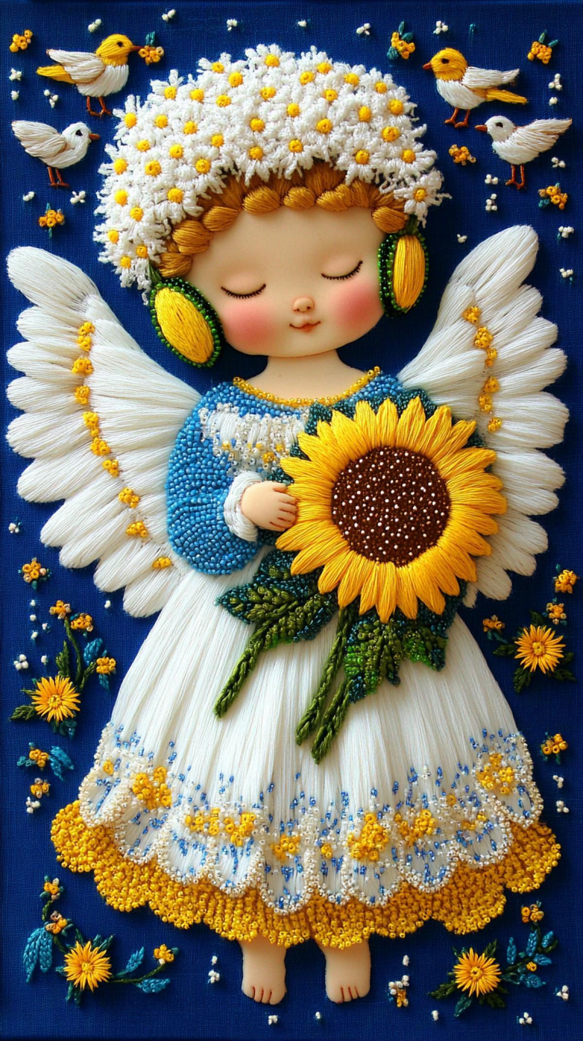 3d, silkscreen, bead embroidery, a whimsical folk painting depicting a baby angel in fluffy dandelion headphones and holding sunflowers, with little birds in the background, dressed in a white and blue dress with yellow trim in a folk style.