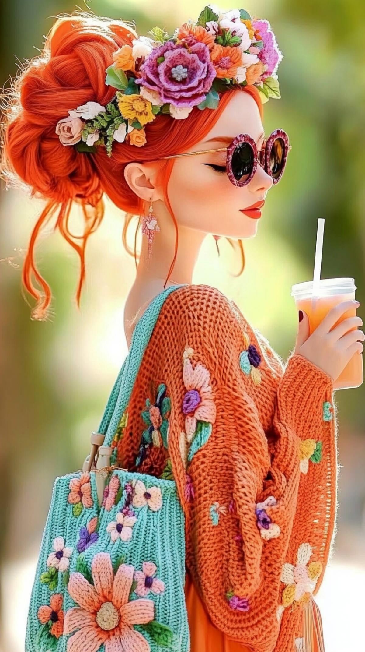 A young woman with bright red hair, adorned with a flower crown, sunglasses, captured in a moment of serenity. She is dressed in a bright knitted peach-colored dress with a floral pattern, over which a mint-colored knitted cardigan, crocheted from square motifs with knitted multi-colored flowers. She holds a canvas handbag with an embroidered floral print. Her eyes are closed, and in her hand she holds a drink with a straw. The softly blurred background emphasizes the serenity of the scene, bokeh