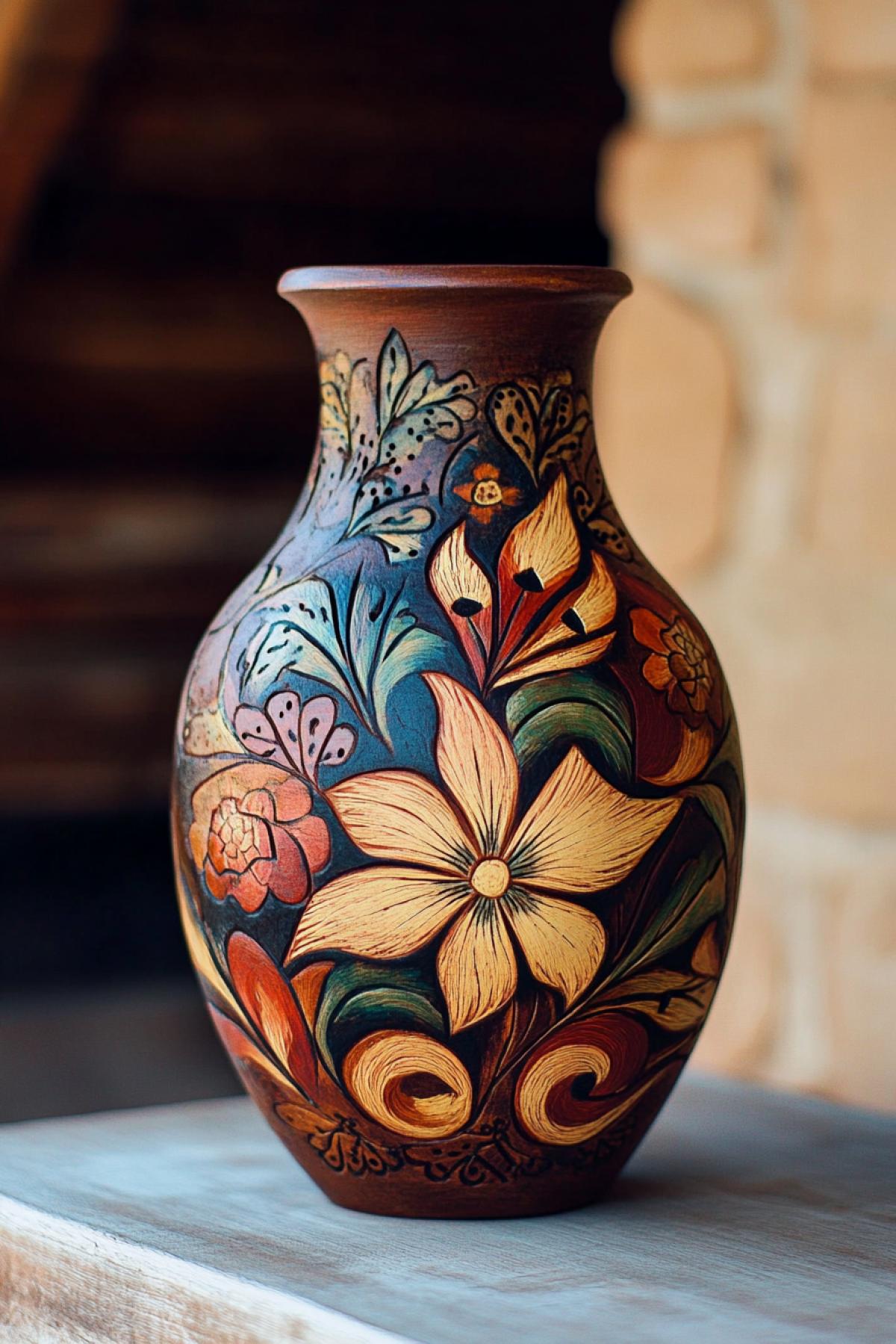 Generate a beautiful clay vase of handmade. With neat cut details and painted drawings
