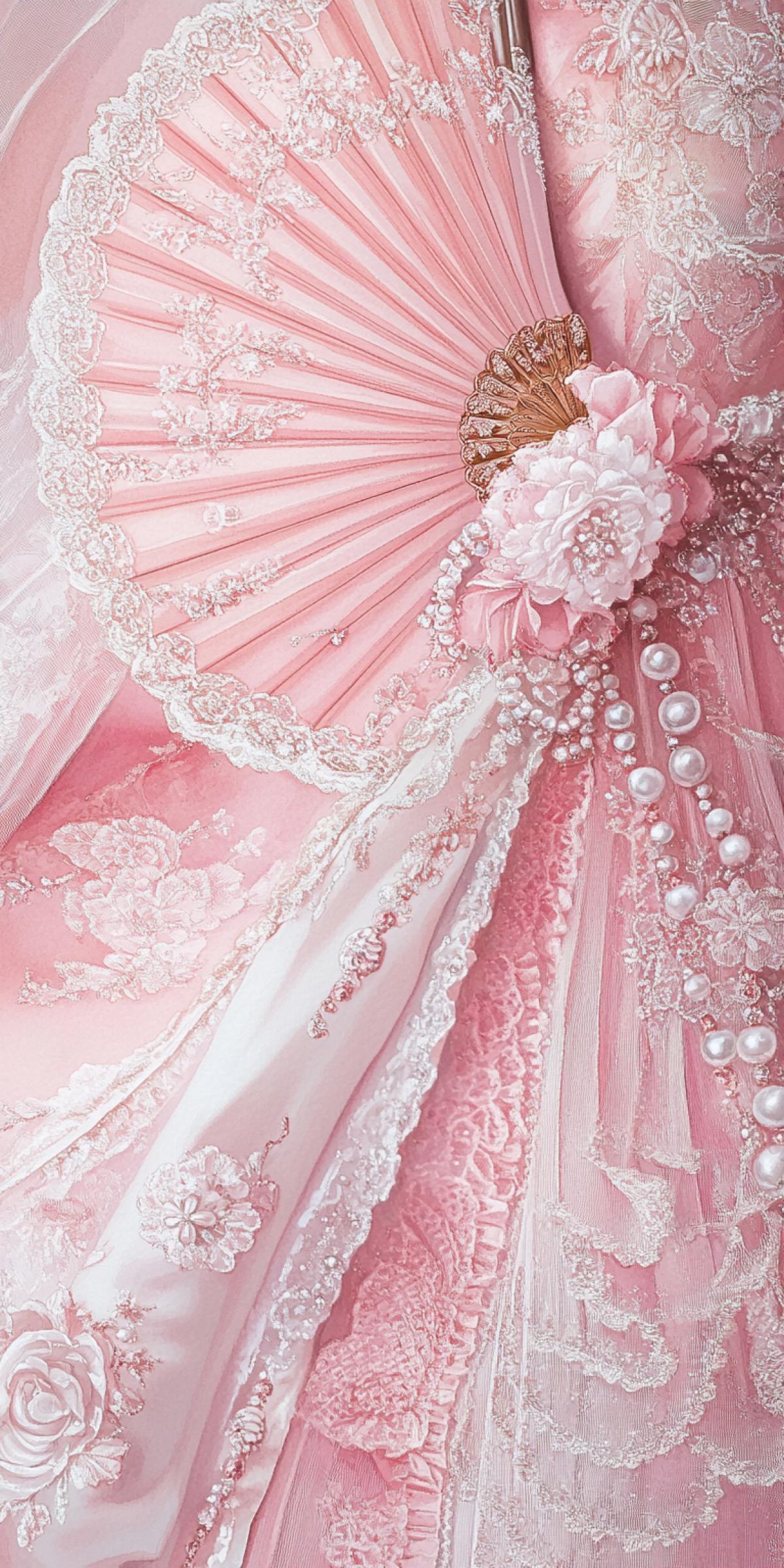 a delicate romantic drawing in light watercolor. a close-up of a pink ball gown from the 18th century with lush lace, a lush pink fan with lace, embroidered with. beads and pearls, an elegant precious bracelet. pure light pastel colors. the colors are separated. delicate pink color scheme. only light colors. beautiful streaks of watercolor paint. light, magic