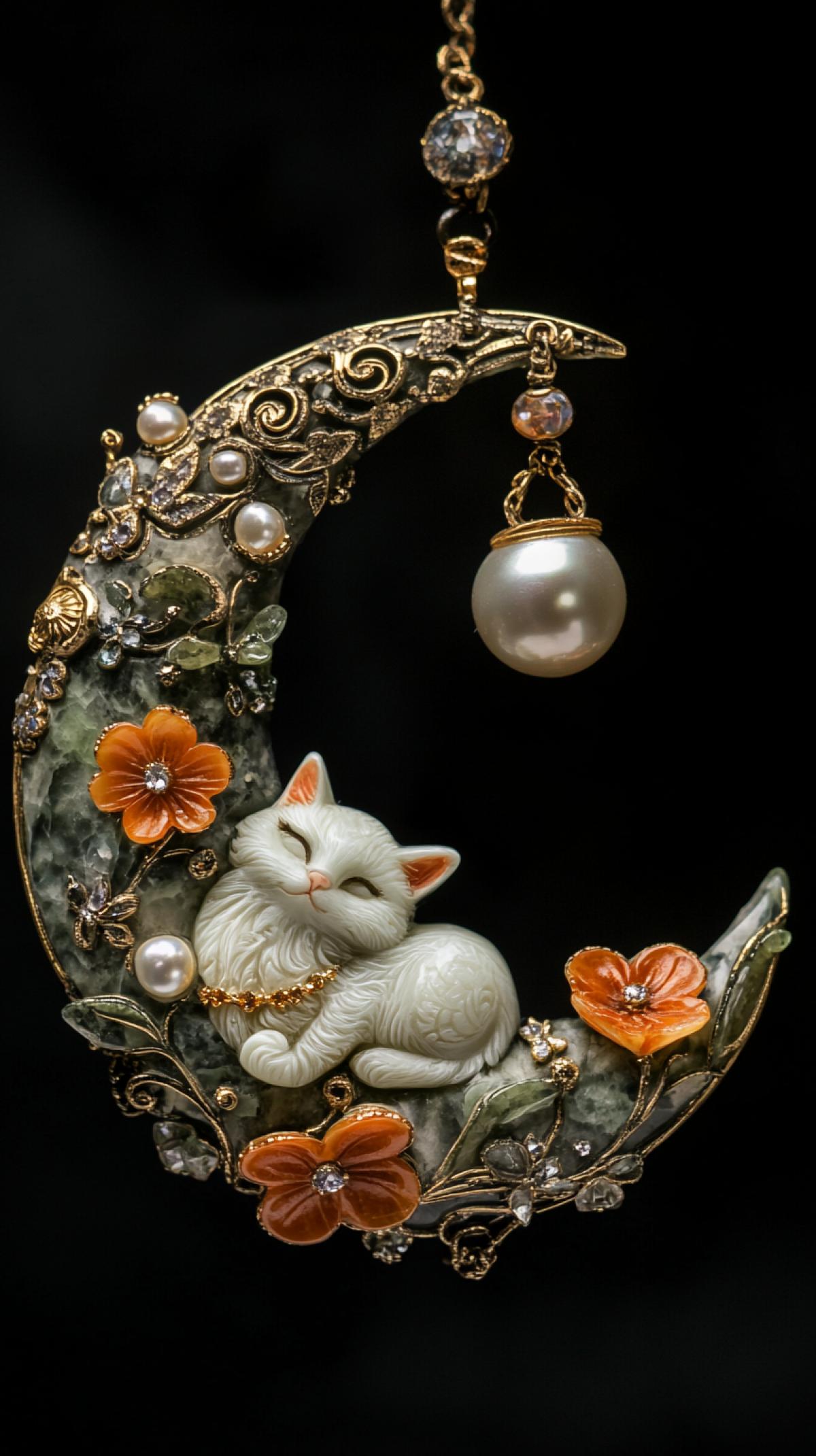 Hand carved stone in mixed media. Onyx crescent moon, gold trim, center pearl, crystal flowers, orange heart beads, obsidian drop, fairytale landscape, kawaii cat with pearl, dark stone sky with gemstone garden, Faberge enamel, jade textures, dark background