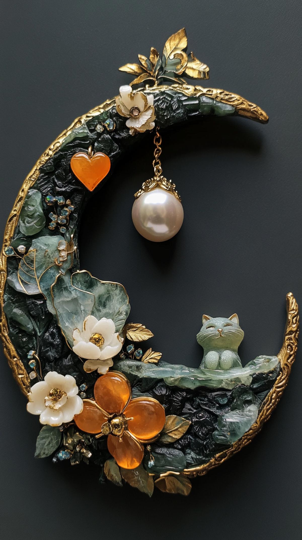Hand carved stone in mixed media. Onyx crescent moon, gold trim, center pearl, crystal flowers, orange heart beads, obsidian drop, fairytale landscape, kawaii cat with pearl, dark stone sky with gemstone garden, Faberge enamel, jade textures, dark background