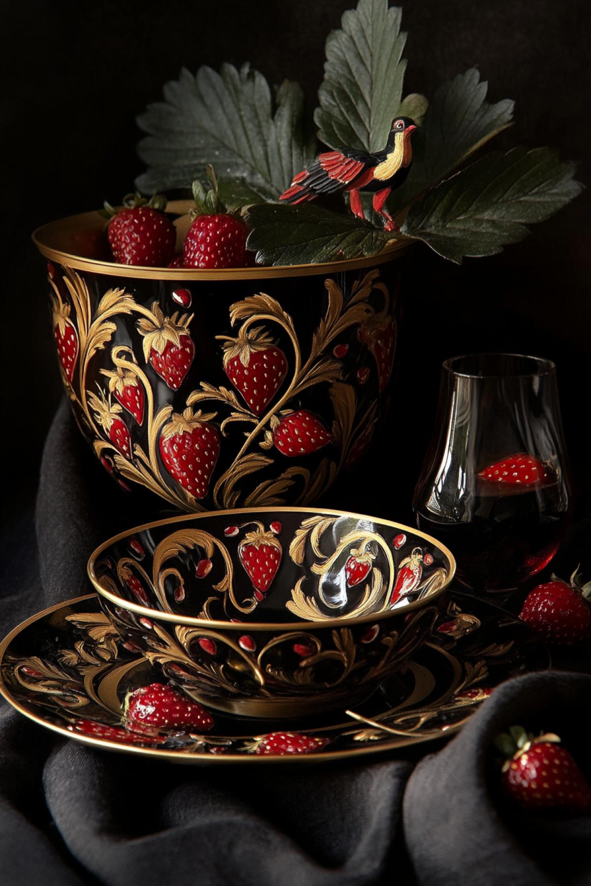 In the style of Khokhloma painting. Traditional Russian Khokhloma dish, twisted strawberry leaves with berries and firebirds, gold on dark with red highlights, glossy varnish, still life on dark linen ar 2:3