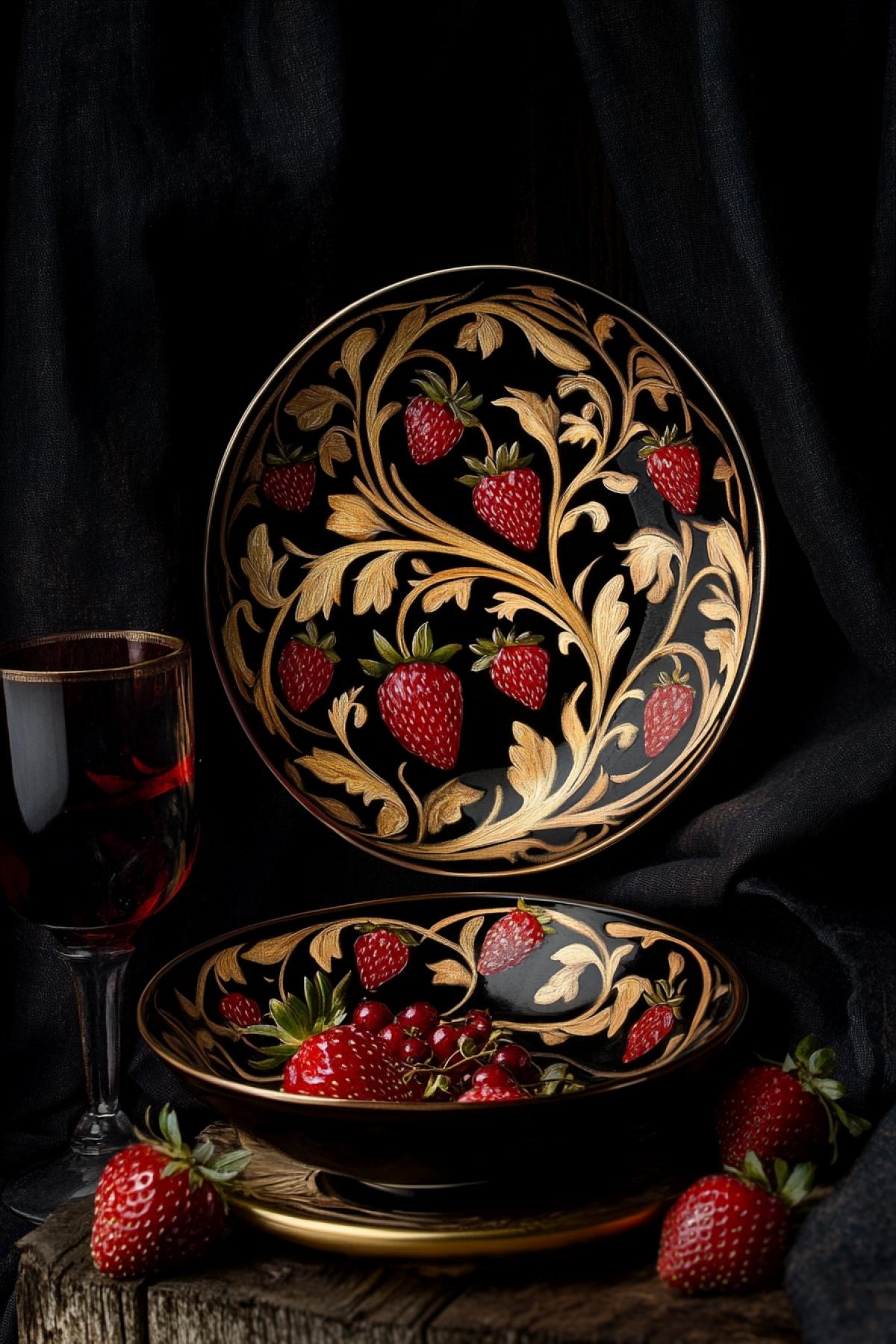 In the style of Khokhloma painting. Traditional Russian Khokhloma dish, twisted strawberry leaves with berries and firebirds, gold on dark with red highlights, glossy varnish, still life on dark linen ar 2:3