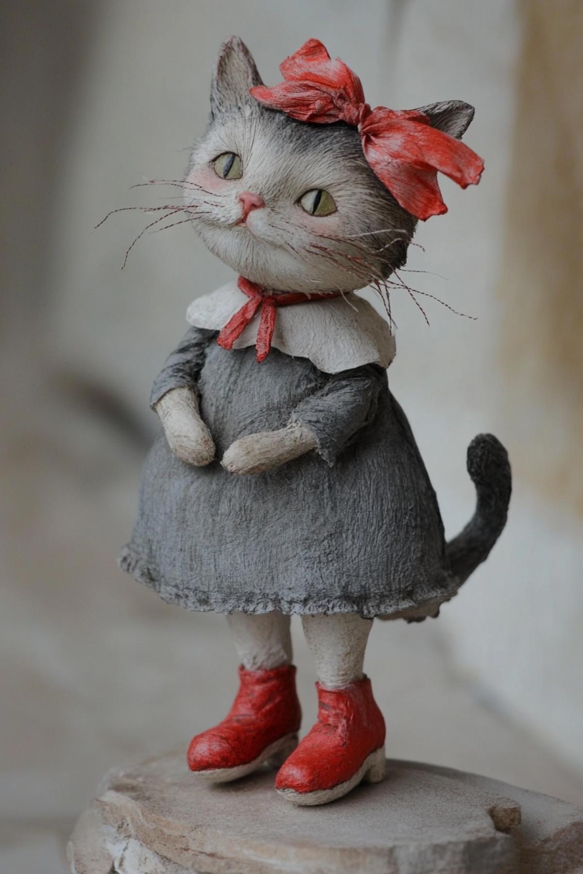 From papier-masha and cotton wool, painted with acrylic paints of a cat in one red shoe, on the head is a red ban, an unpretentious gray-blue dress
