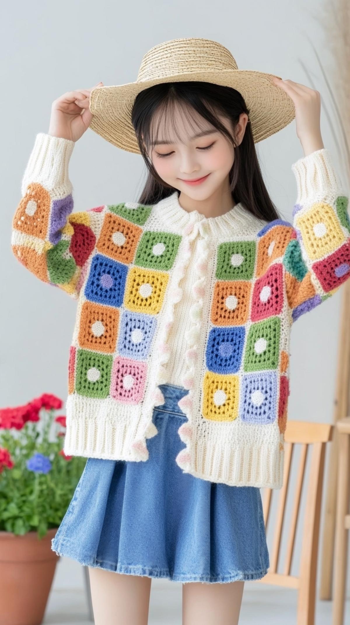 A tender girl tries up a straw hat, she has a knitted jacket from neat square multicolored motives, a denim skirt. Flowers in flowerpots in the background