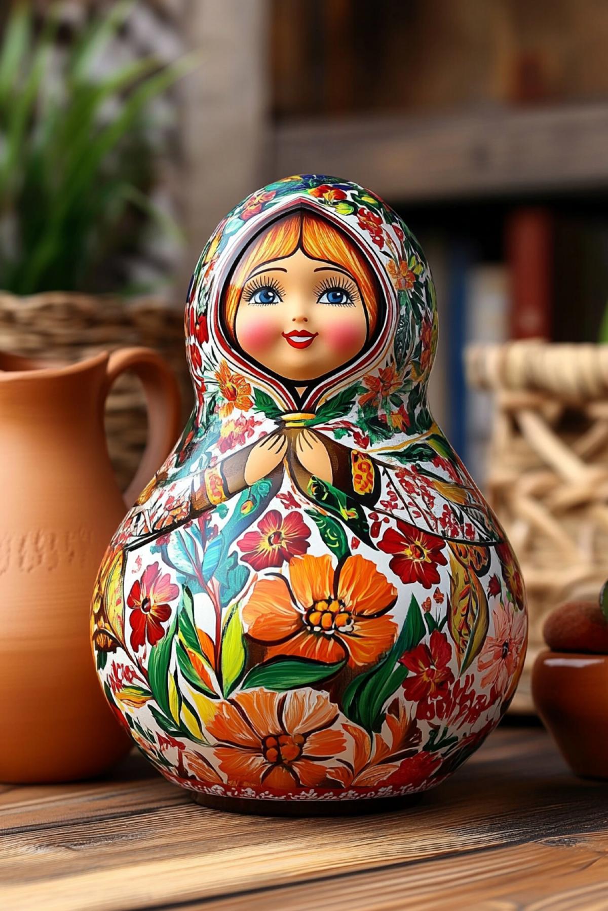 Colored clay Dymkovo plaything in the form of a rich peasant matryoshka in a flower headscarf, a lush sarafan, painted in different colors, a background of a cozy atmosphere with a clay jug, an emphasis on the figyellow water of a smiling matryoshka